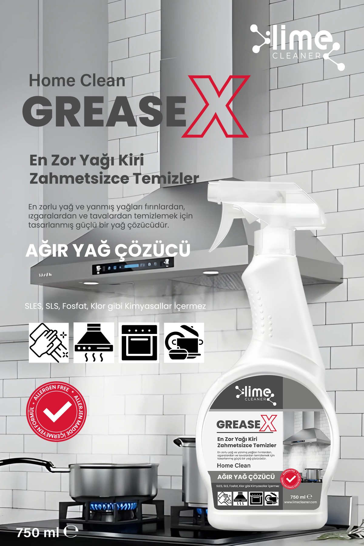 GreaseX Süper Güçlü Yağ Çözücü Sprey Anında Etki Kolay Temizlik - Hızlı ve Etkili Yağ Çözücü 750 ml x 2 Adet