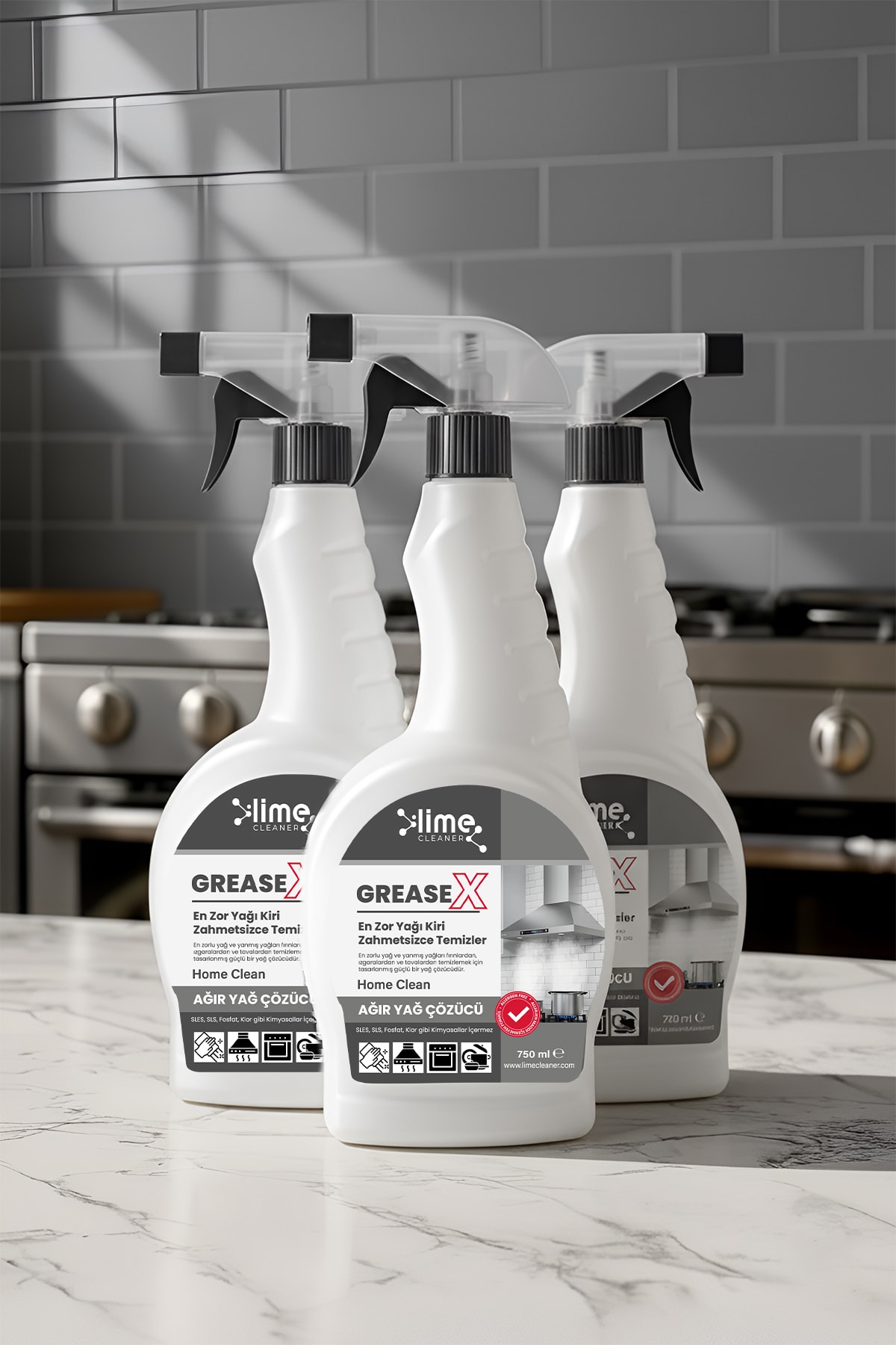 GreaseX Süper Güçlü Yağ Çözücü Sprey Anında Etki Kolay Temizlik - Hızlı ve Etkili Yağ Çözücü 750 ml x 3 Adet