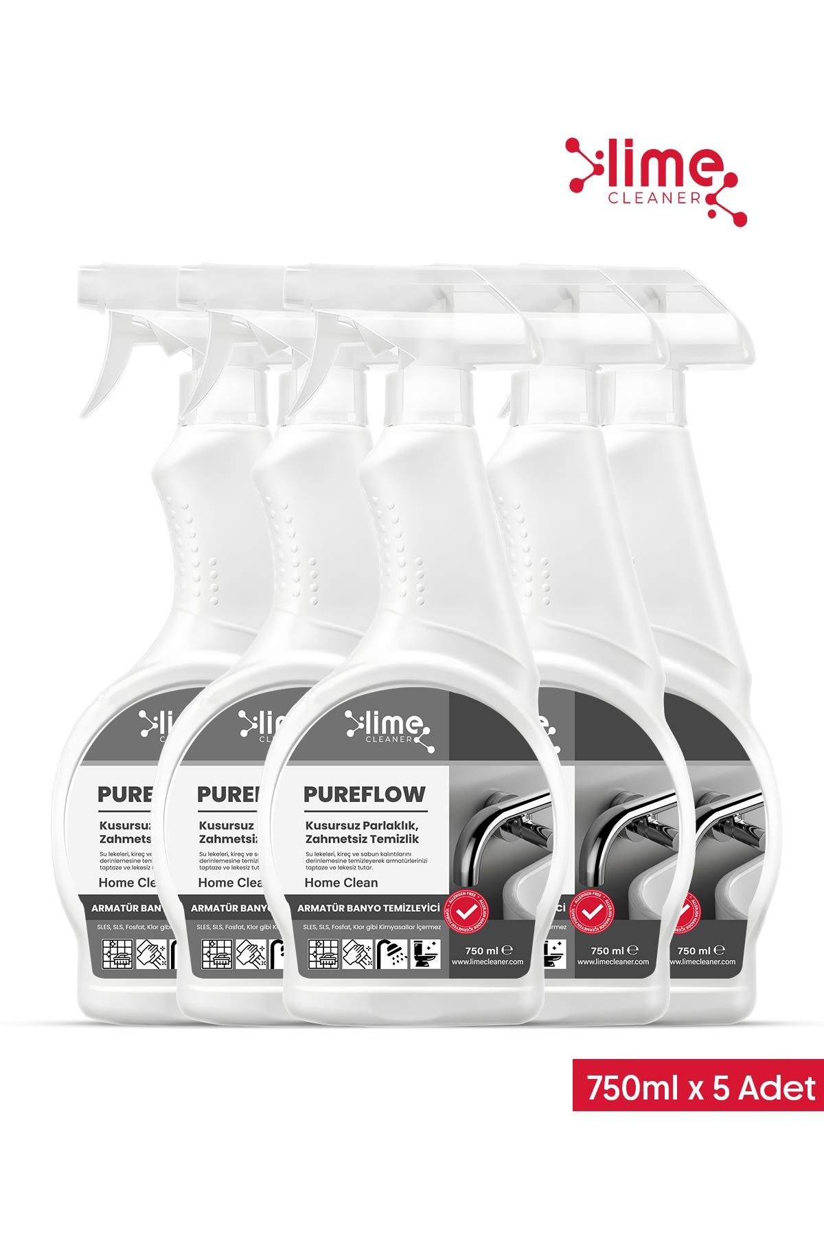 PureFlow Armatür Banyo Temizleyici Kireç ve Leke Sökücü -  Kirece ve Lekelere Karşı Etkili Çözüm! 750 ml x 5 Adet
