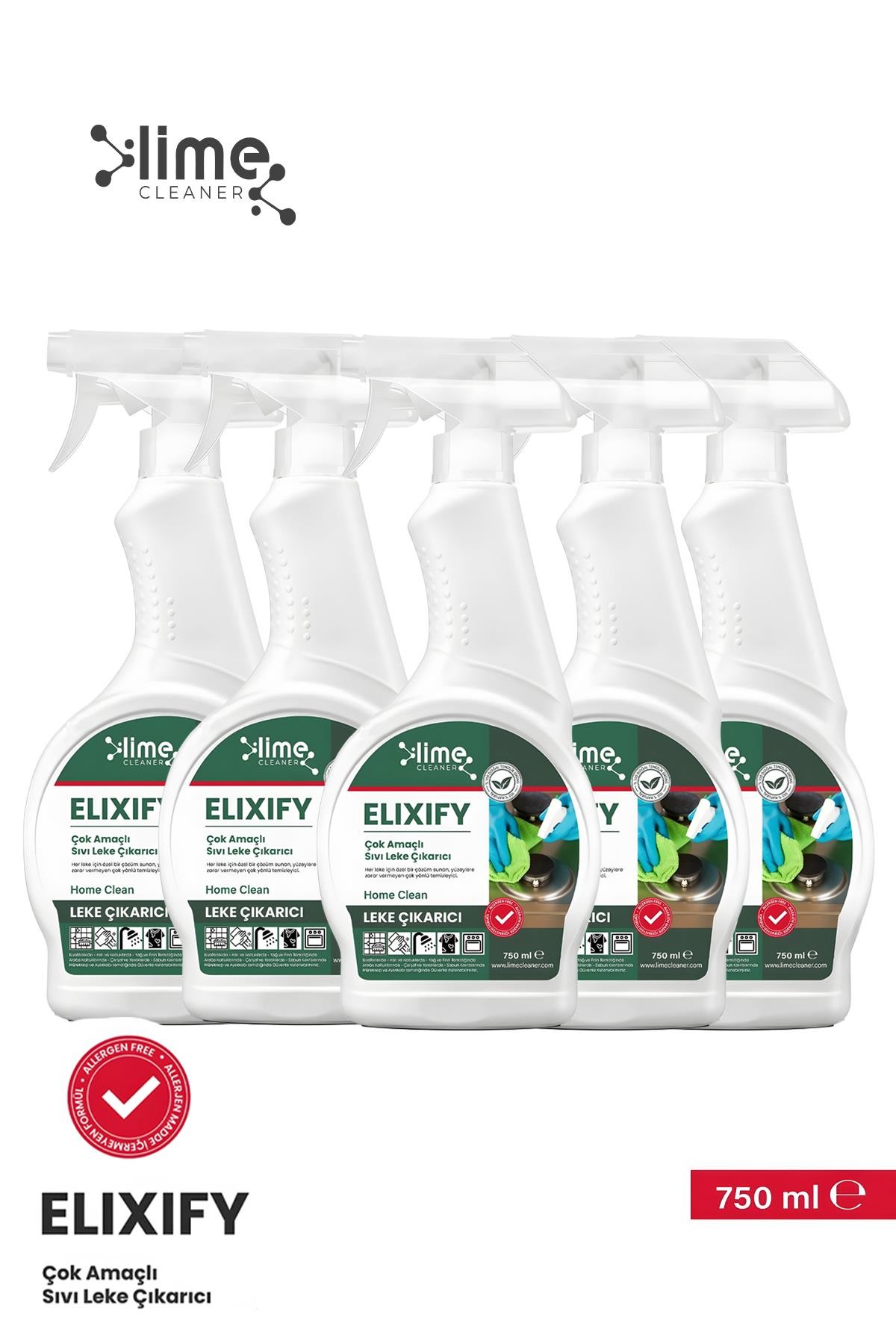 Lime Cleaner Elixify Çok Amaçlı Ultra Güçlü Sıvı Leke Çıkarıcı 750ml x 5 Adet | Allerjen İçermez