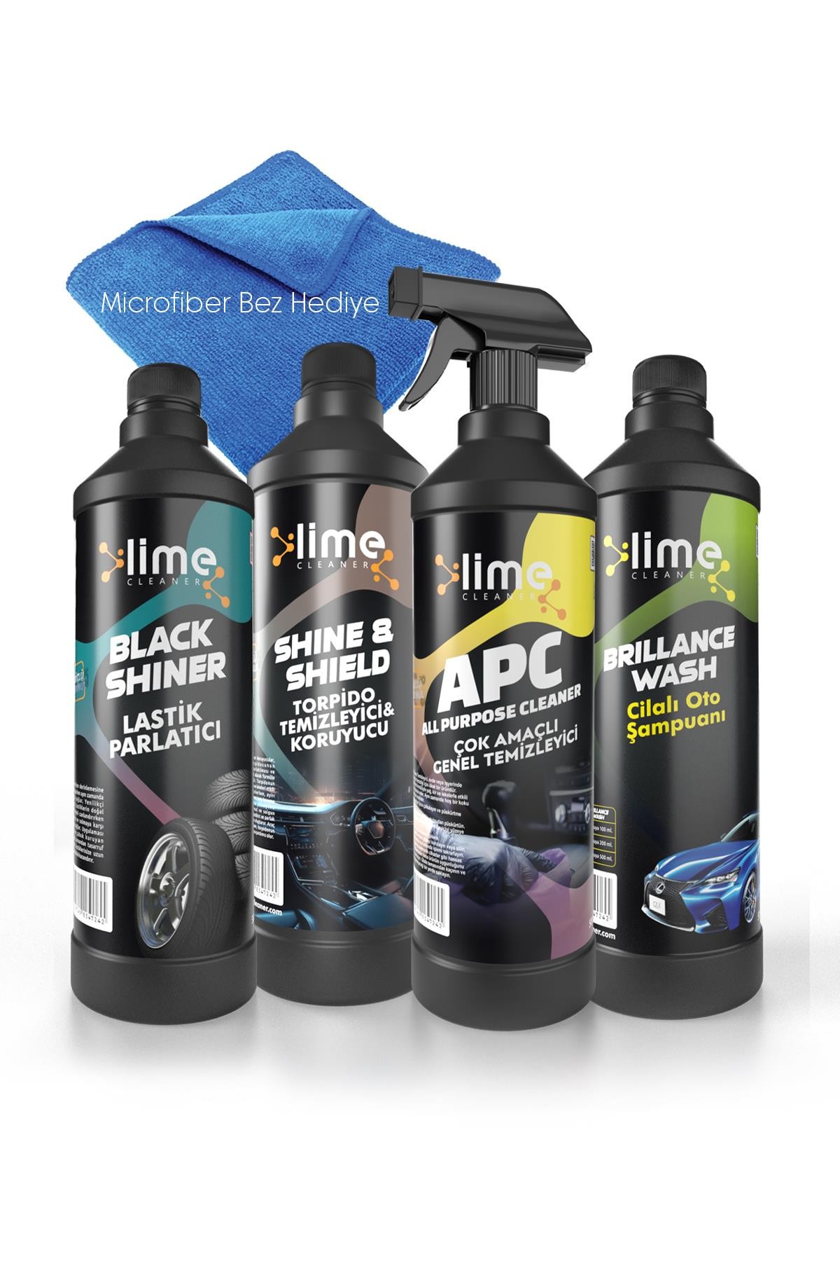 Lime Cleaner Lastik Parlatıcı, Torpido Temizleyici ve Koruyucu, Genel Temizleyici, Cilalı Oto Şampuanı 4'lü Avantajlı Set Paket