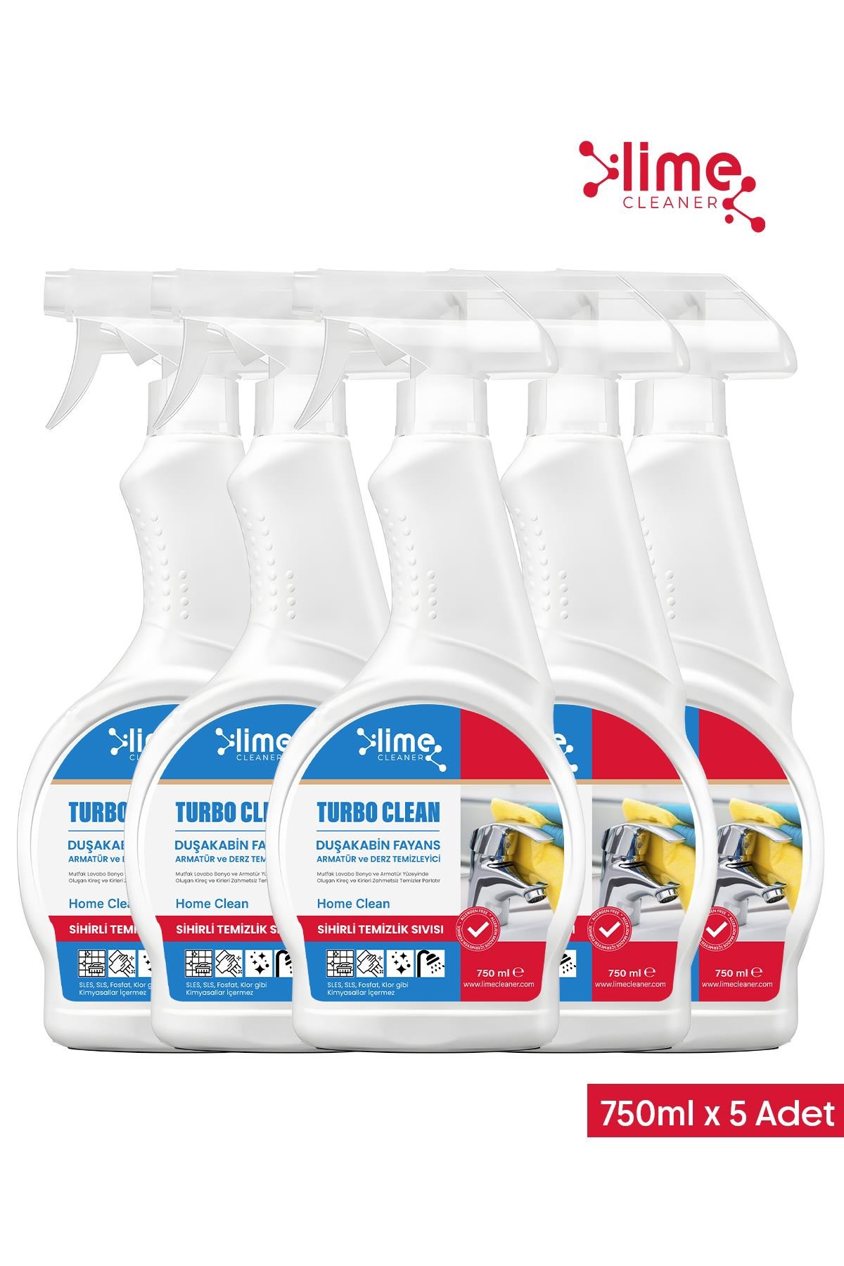 Lime Cleaner Turbo Clean Ultra Güçlü Banyo Temizleyici ve Kireç Çözücü Sprey 750 ml x 5 Adet - Sihirli Temizlik  Sıvısı