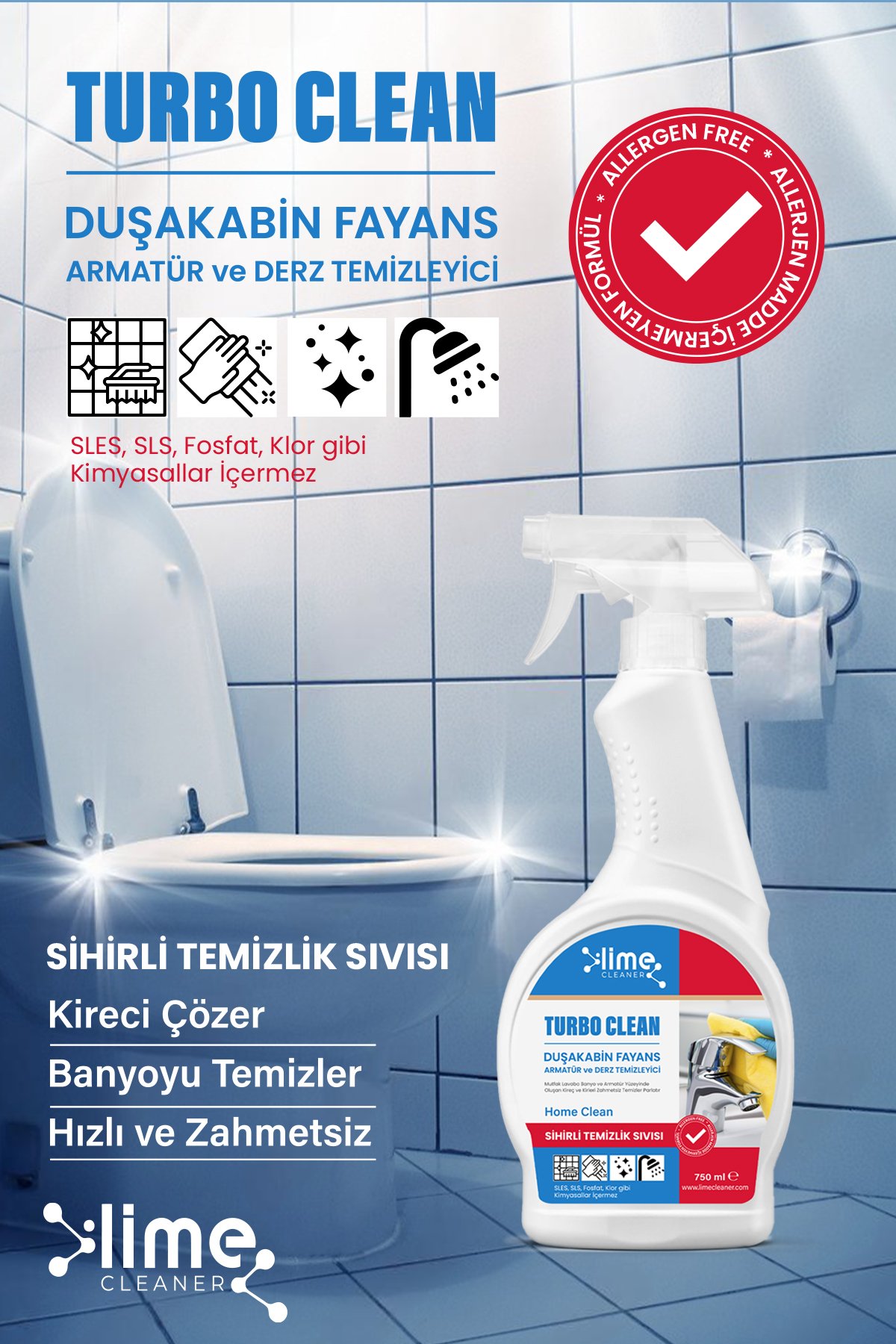 Lime Cleaner Turbo Clean Ultra Güçlü Banyo Temizleyici ve Kireç Çözücü Sprey 750 ml x 5 Adet - Sihirli Temizlik  Sıvısı