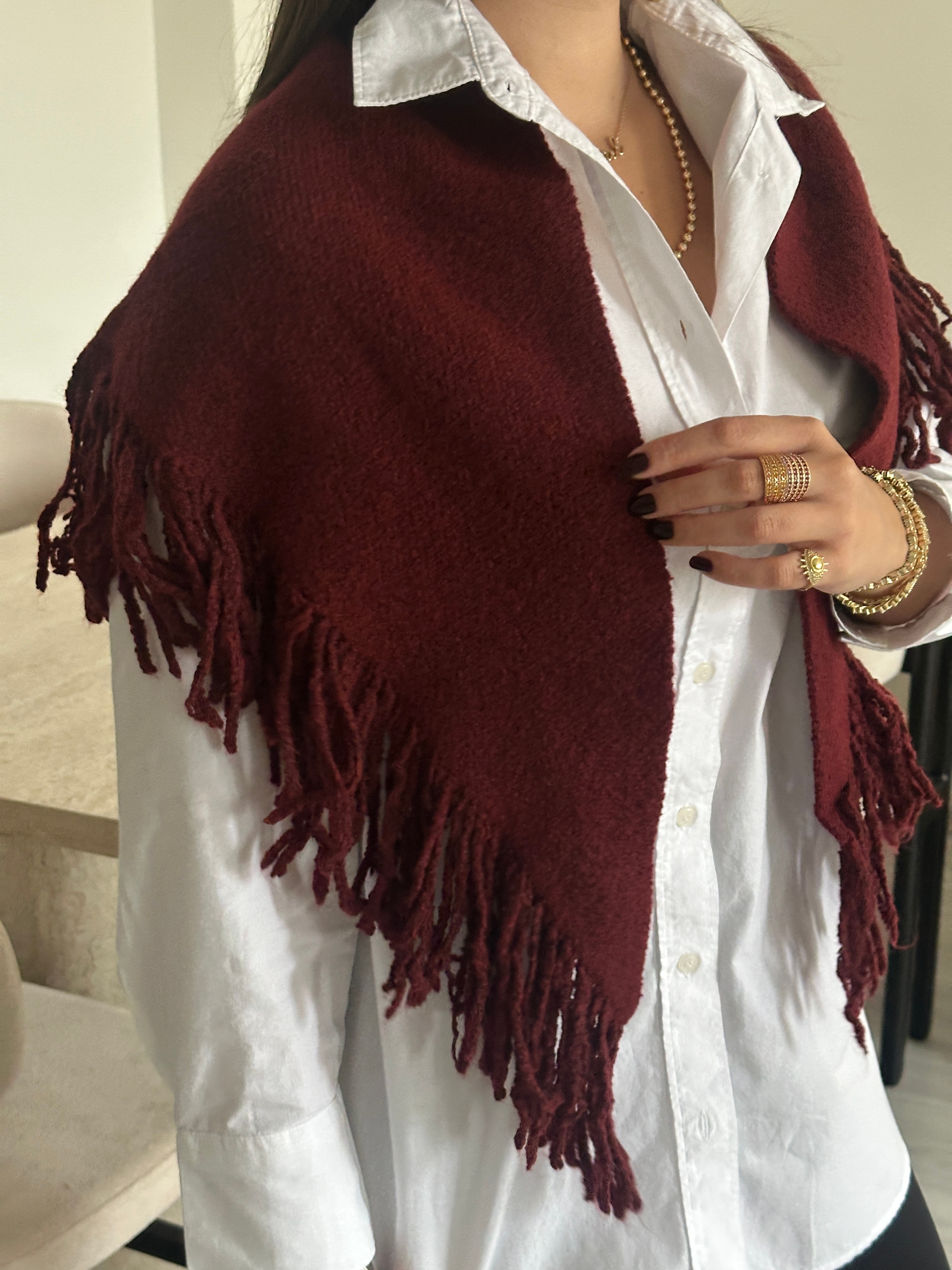 Püsküllü Üçgen Şal Atkı (Bordo)