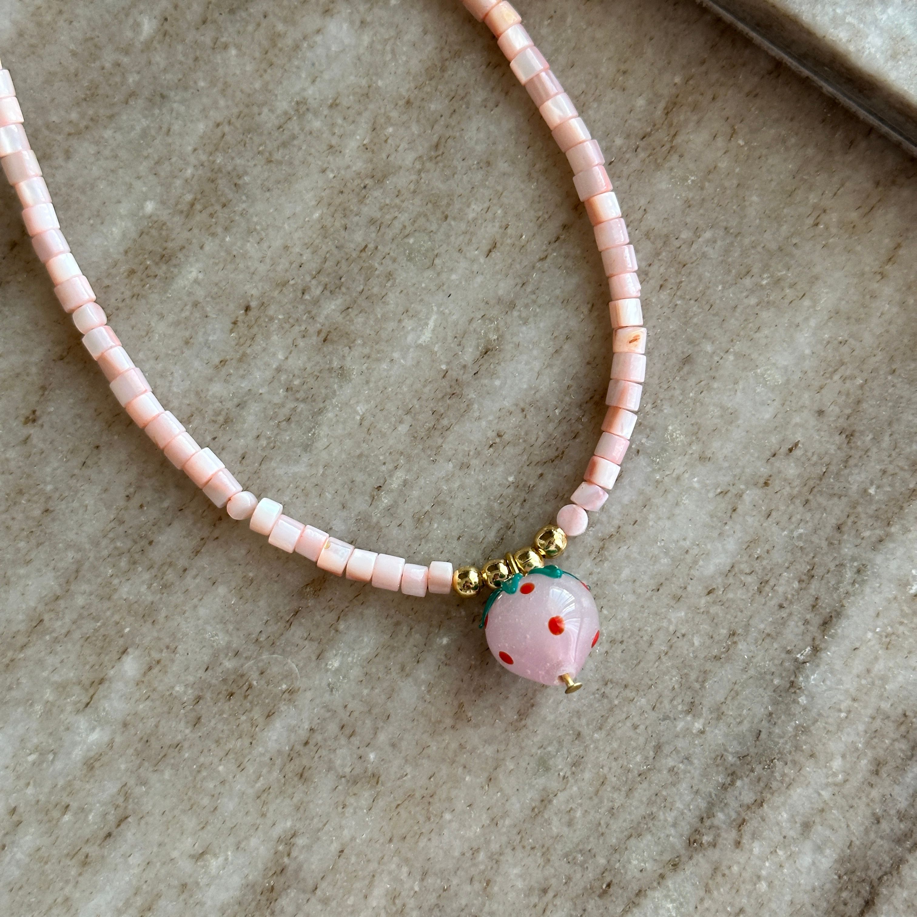 Pembe Çilek Murano Cam Boncuk Kolye