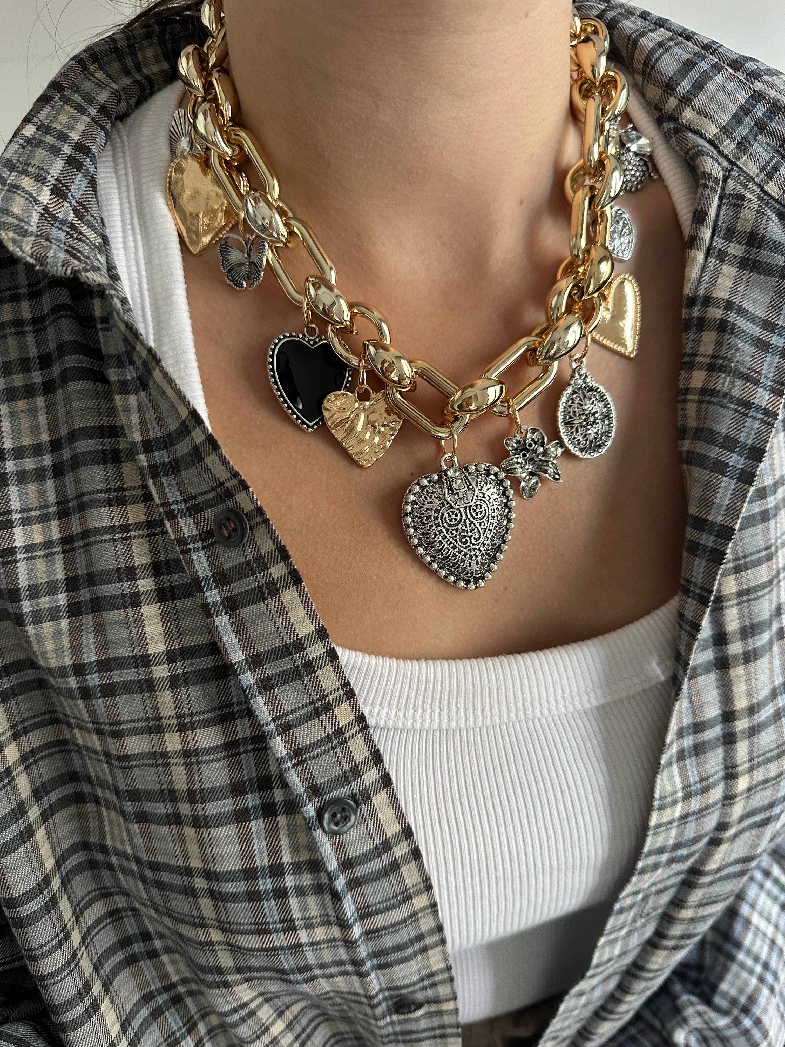 Gold & Gümüş Kalp Charm Kolye