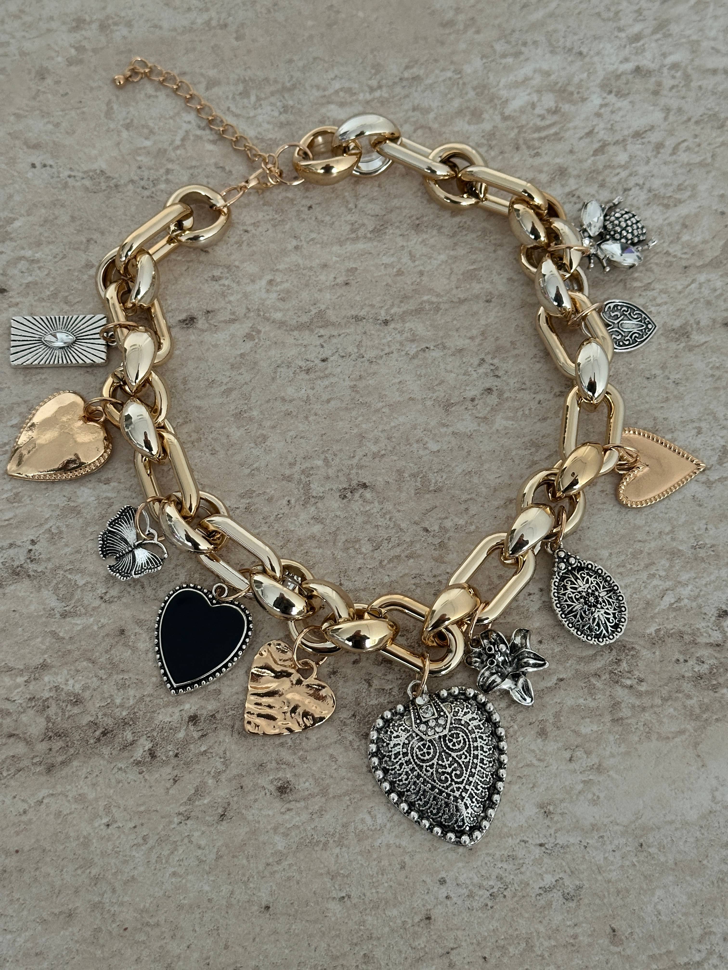 Gold & Gümüş Kalp Charm Kolye