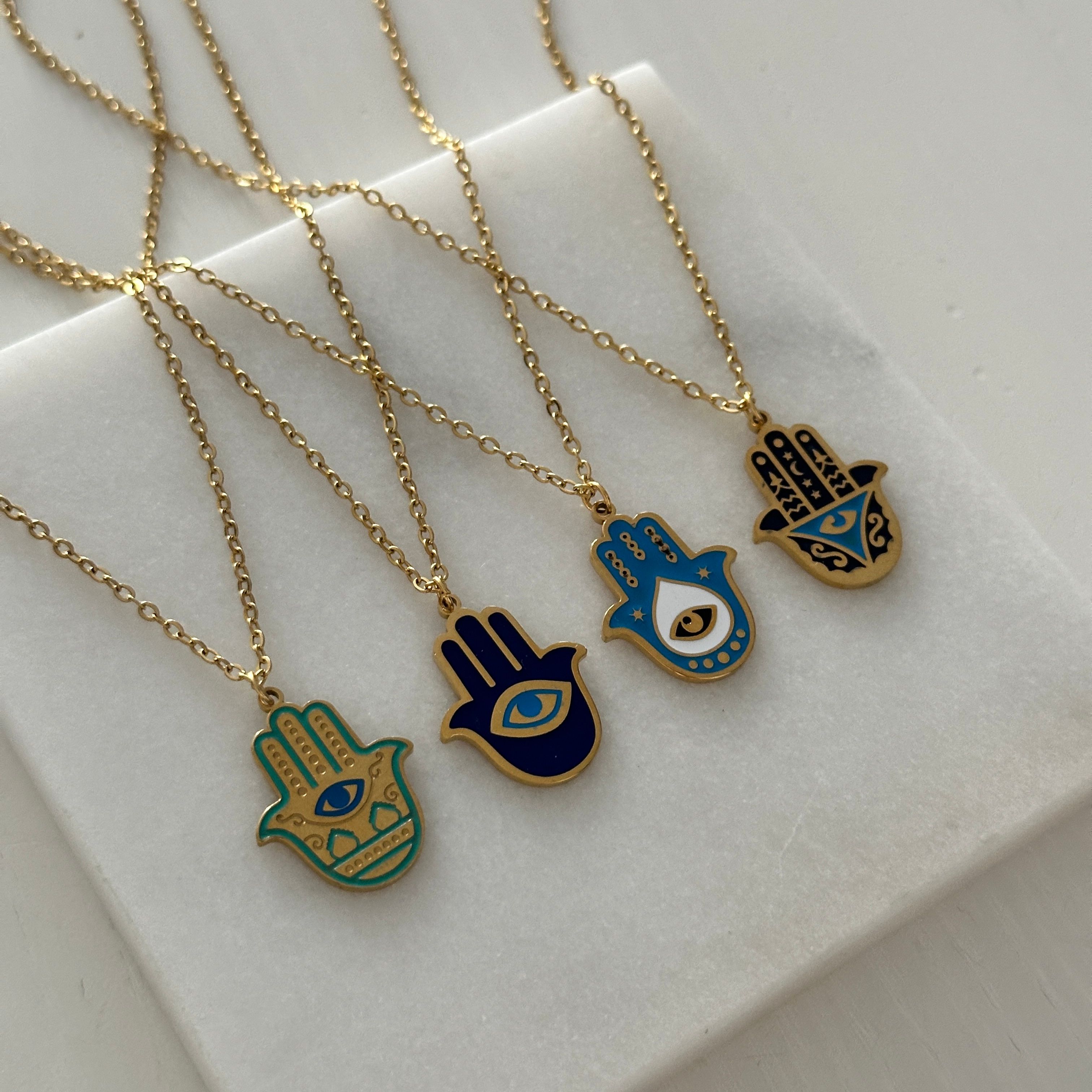 Hamsa Su Yeşili Fatma Ana Eli Çelik Kadın Kolye