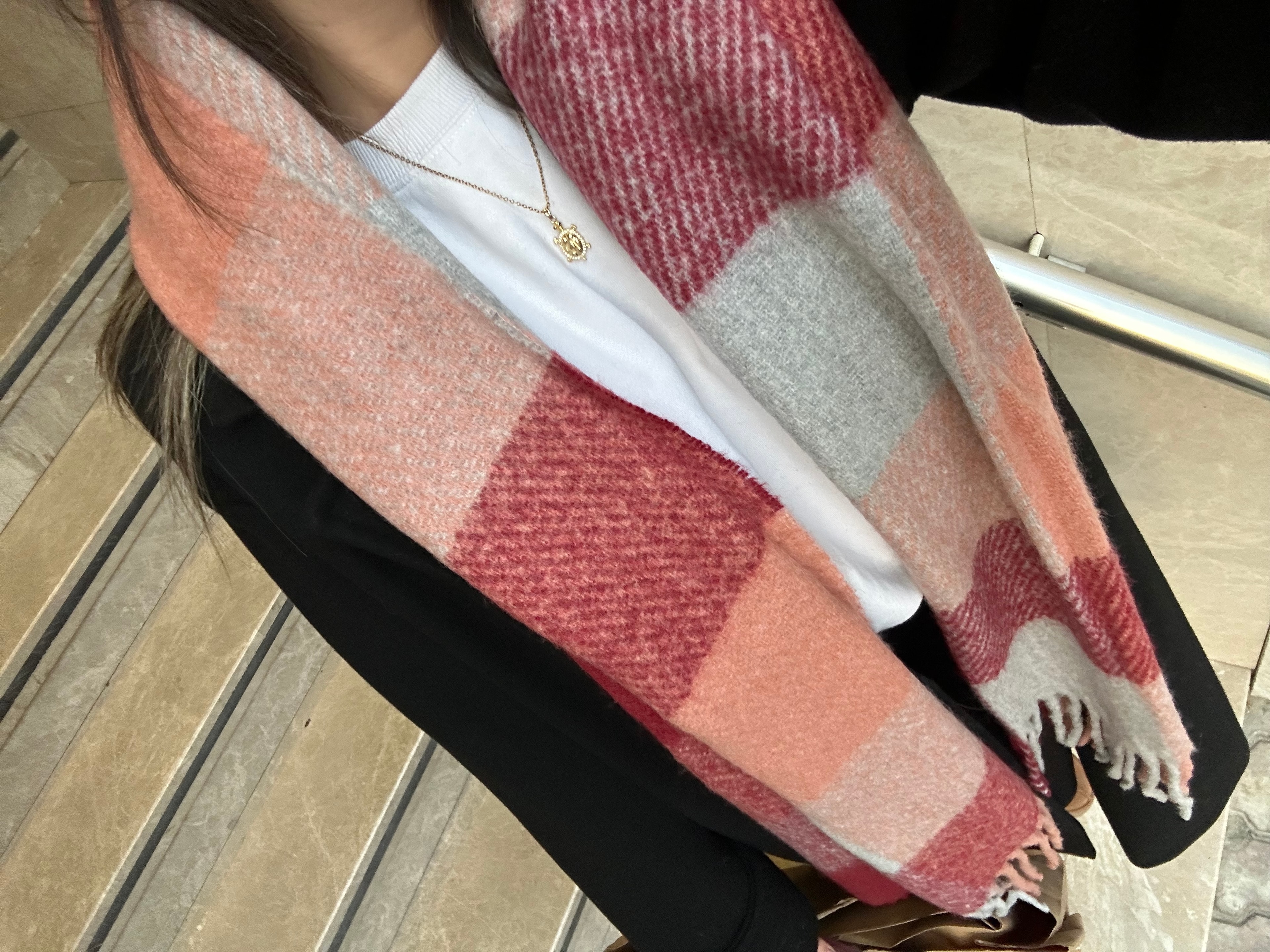 Bordo/Gri Kareli Pinterest Kadın Şal Atkı