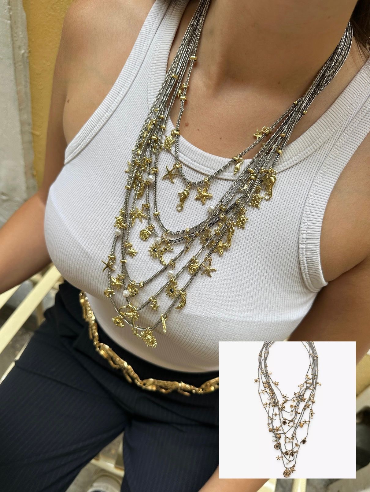 Çoklu Charm Gold & Gümüş Kadın Kolye 