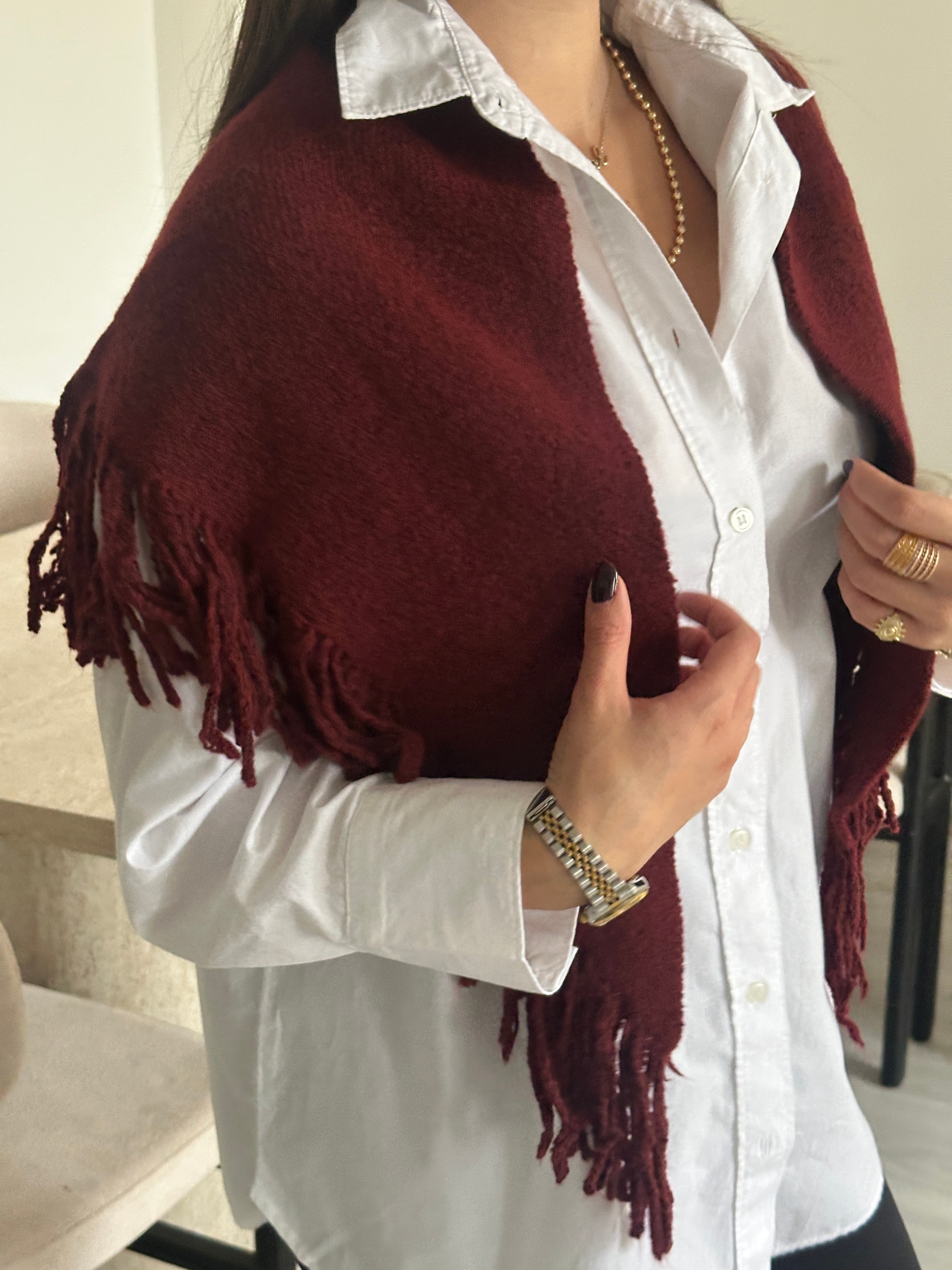 Püsküllü Üçgen Şal Atkı (Bordo)
