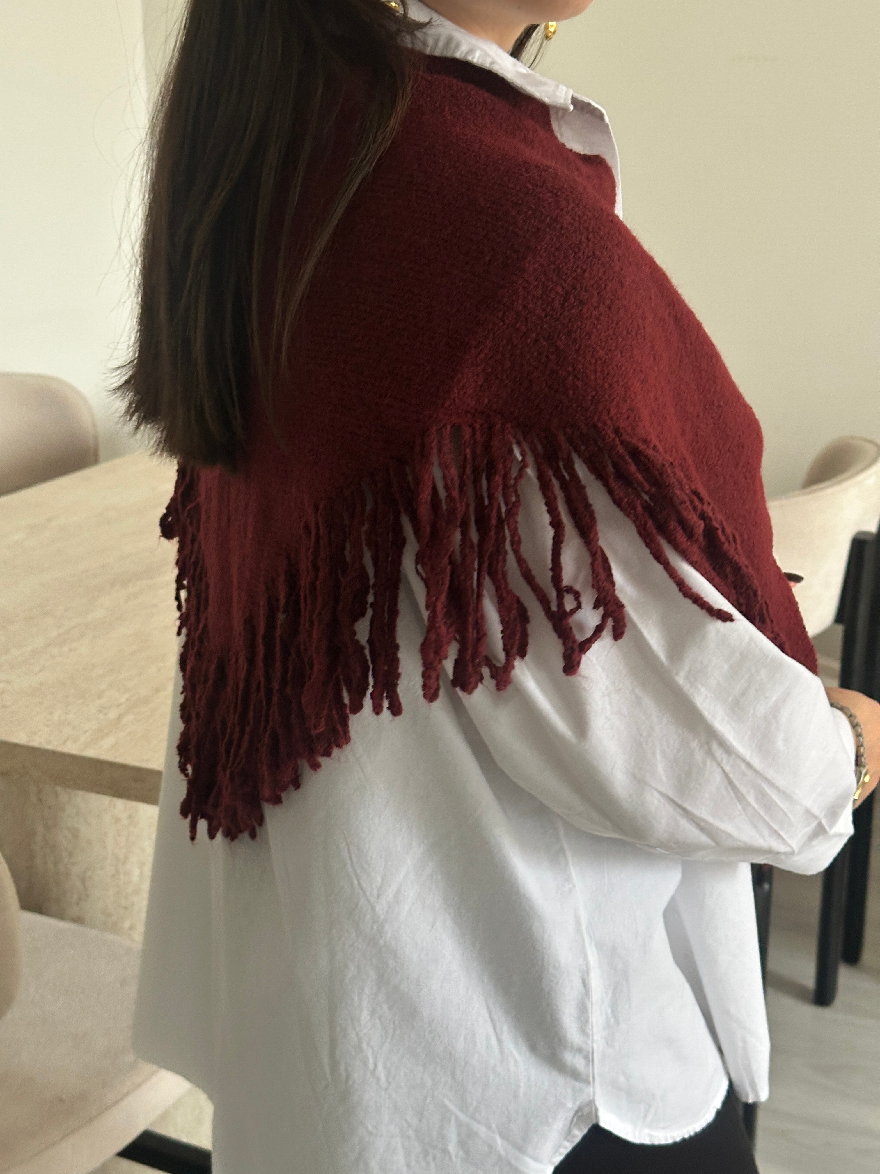 Püsküllü Üçgen Şal Atkı (Bordo)