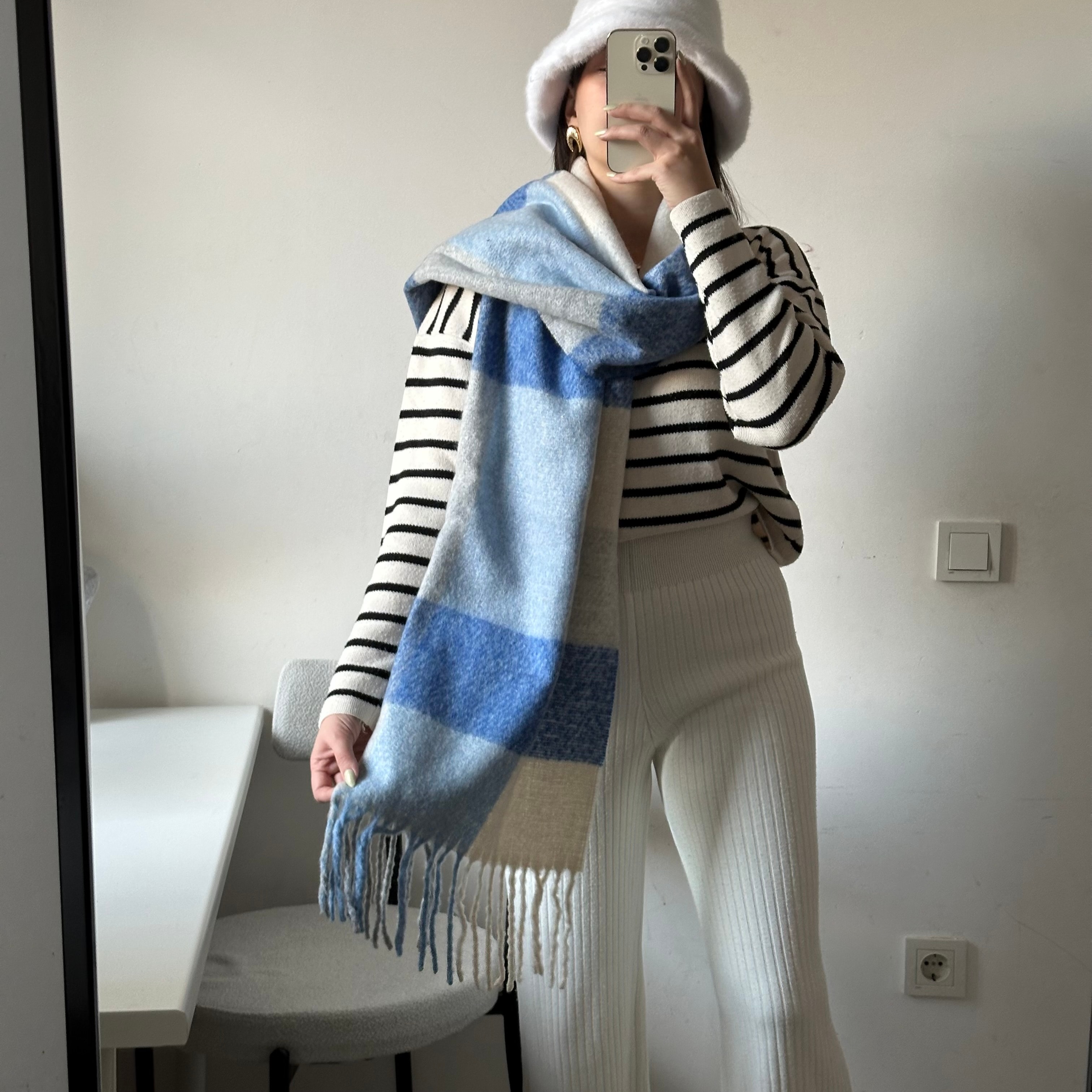 Mavi/Gri Kareli Pinterest Kadın Şal Atkı