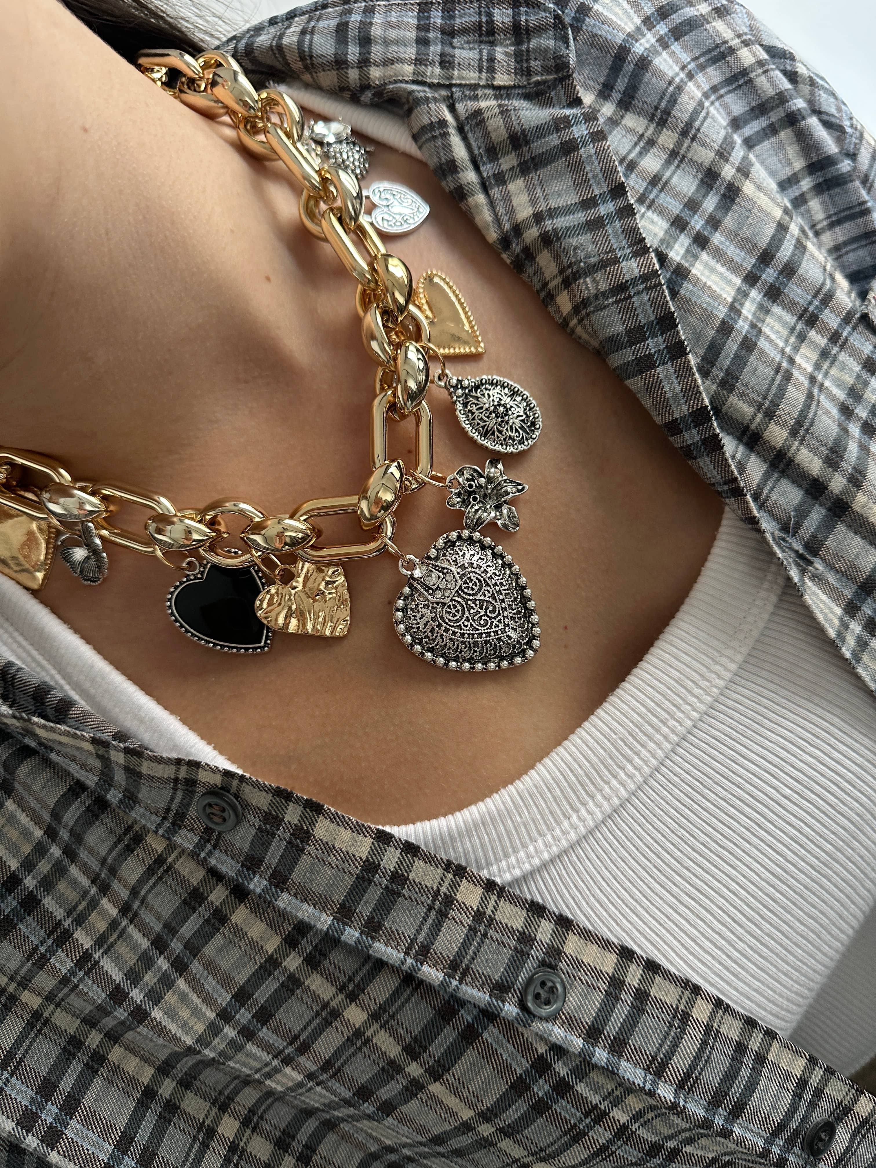 Gold & Gümüş Kalp Charm Kolye