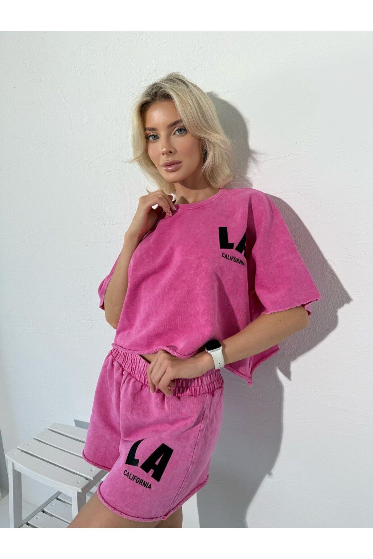 Vintage Baskılı Pembe Şortlu Takım