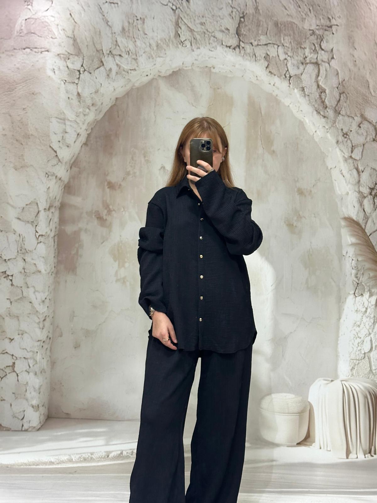 Siyah Düğmeli Oversize Gömlek & Palazzo Pantolon Takım