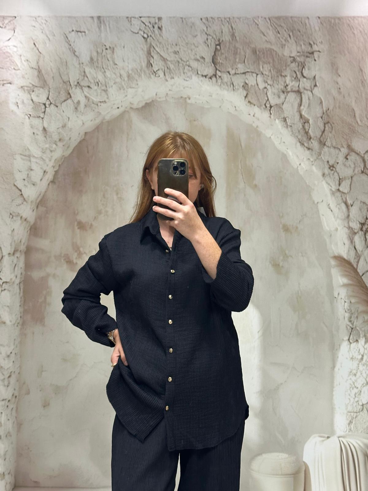 Siyah Düğmeli Oversize Gömlek & Palazzo Pantolon Takım