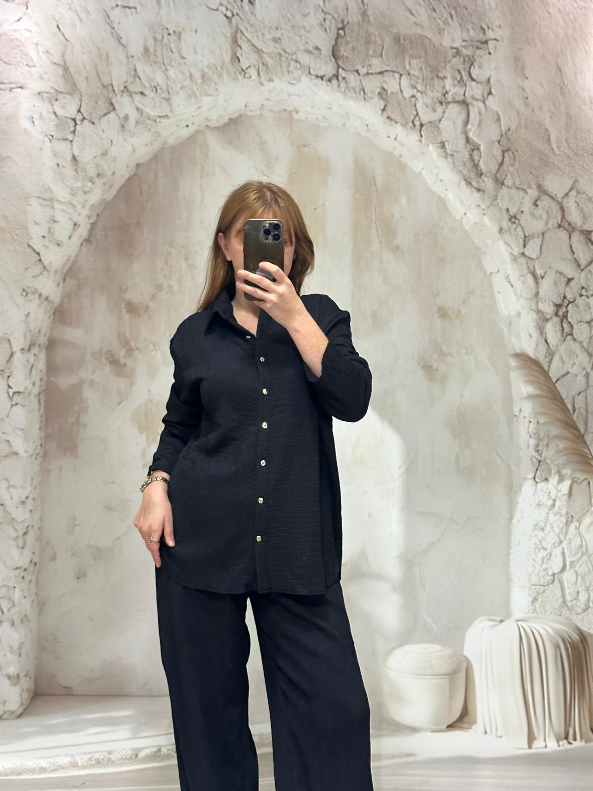 Siyah Düğmeli Oversize Gömlek & Palazzo Pantolon Takım