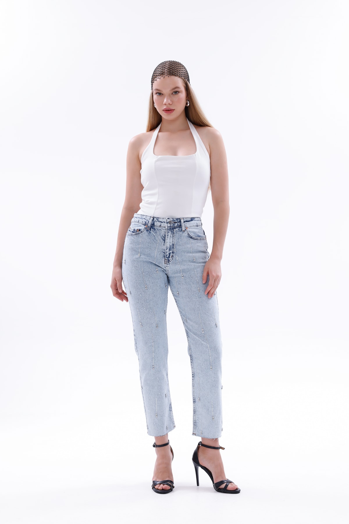 Yüksek Bel Parlak Beyoğlu Taşlı Denim Jean