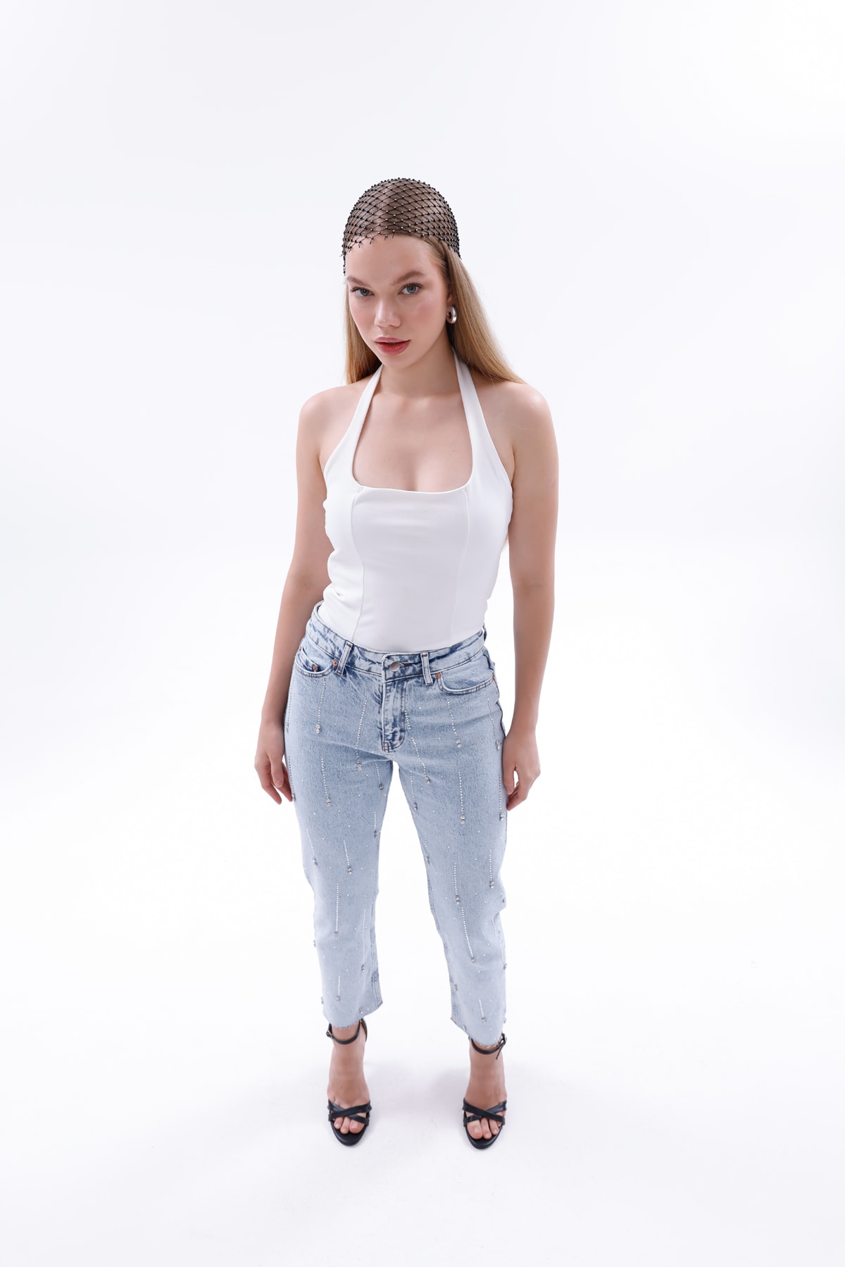 Yüksek Bel Parlak Beyoğlu Taşlı Denim Jean