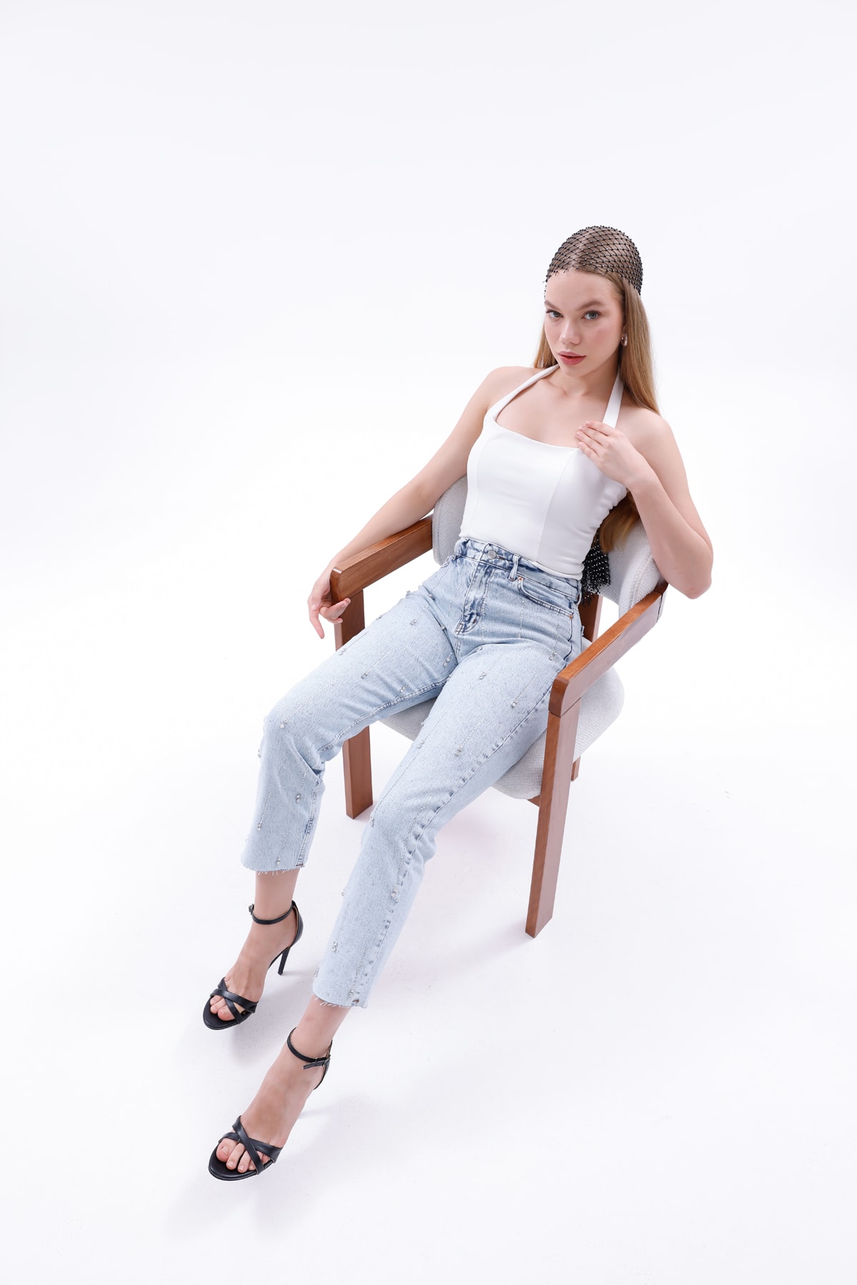 Yüksek Bel Parlak Beyoğlu Taşlı Denim Jean