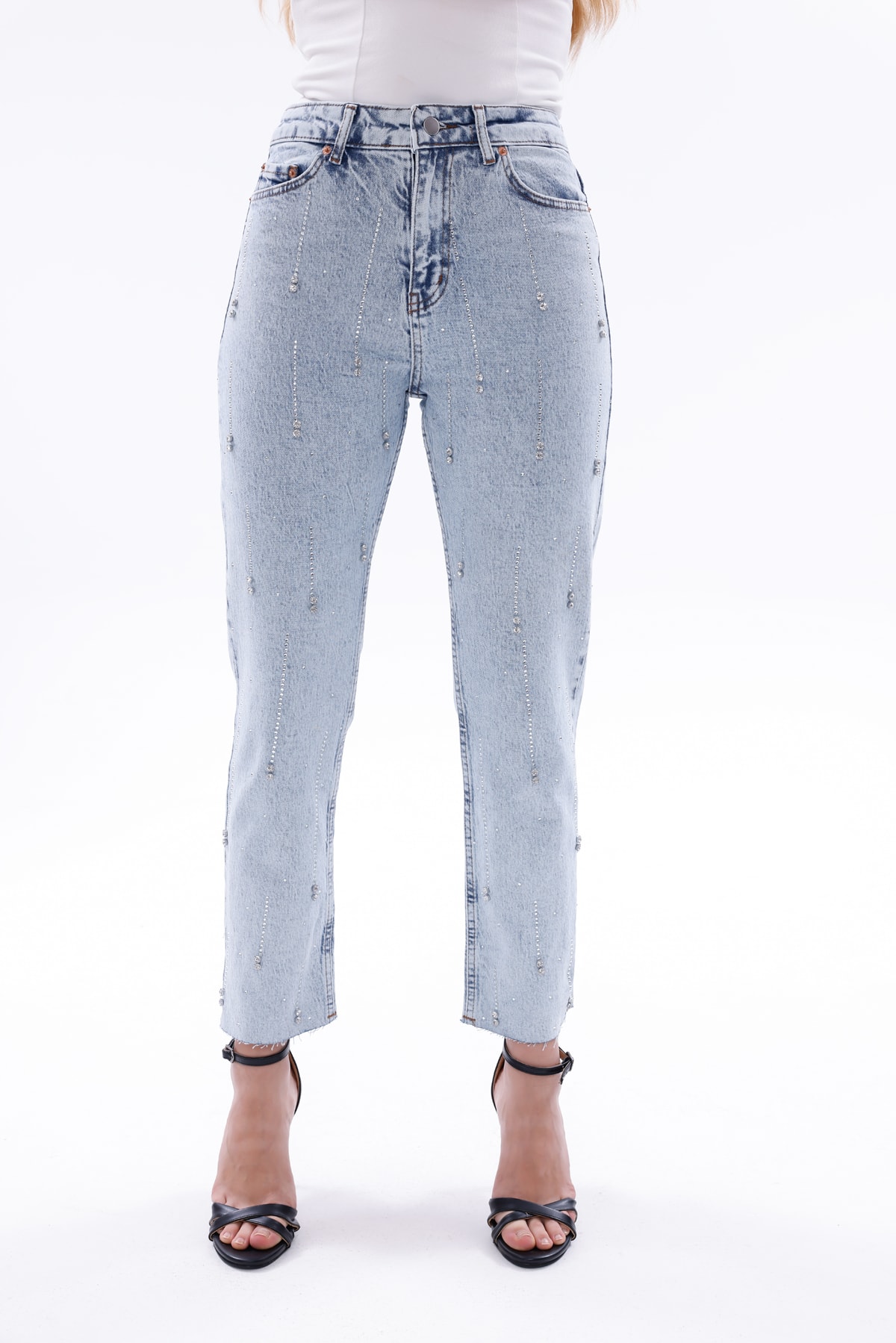 Yüksek Bel Parlak Beyoğlu Taşlı Denim Jean