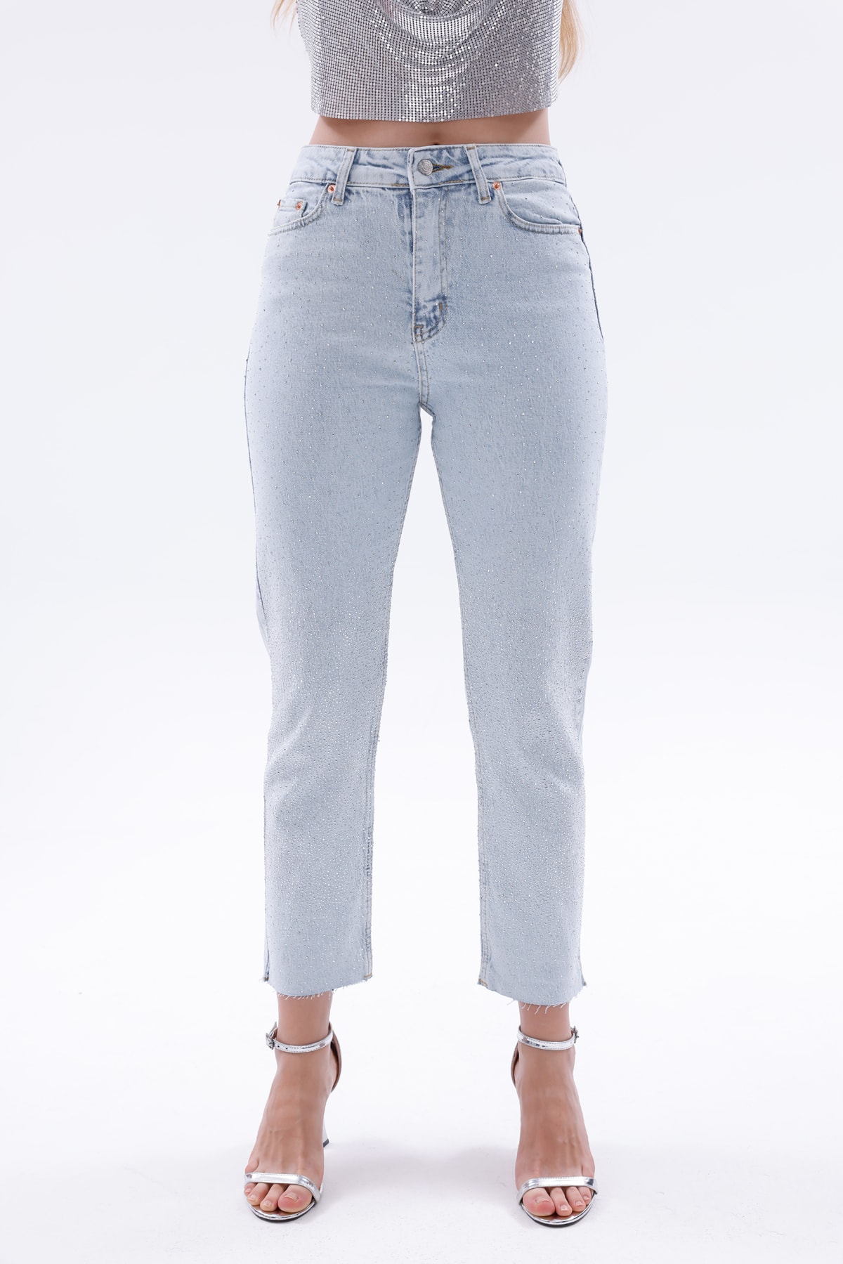 Işıltılı Taş Detaylı Yüksek Bel Mom Fit Jean Pantolon  