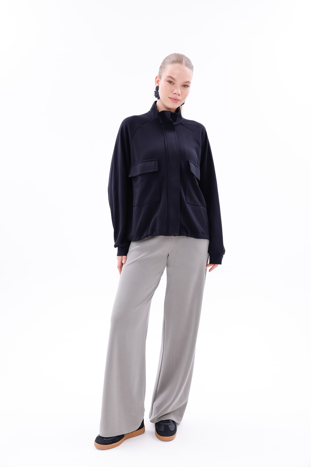 Lacivert Modal Kumaş Çift Çepli Sweatshirt
