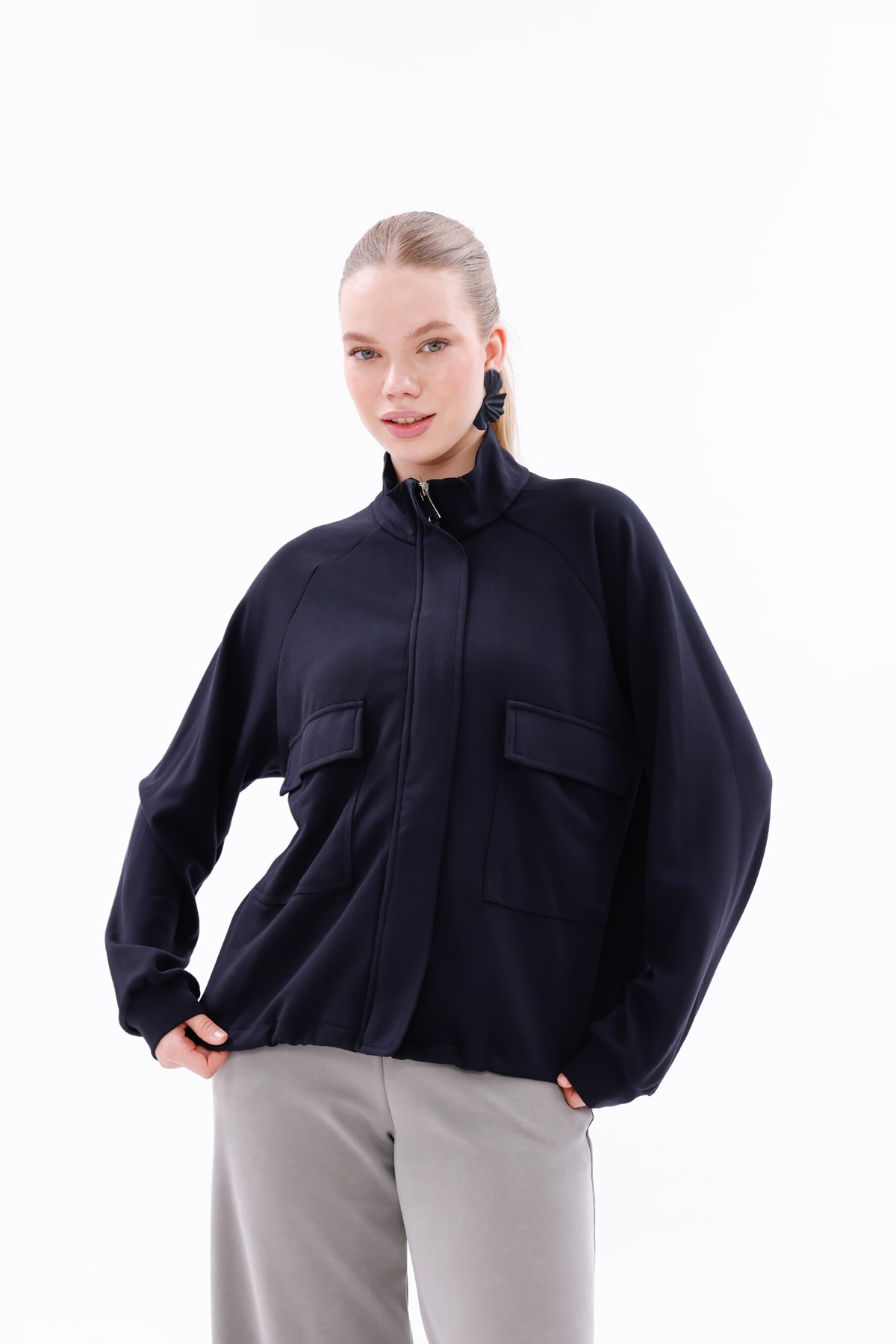Lacivert Modal Kumaş Çift Çepli Sweatshirt