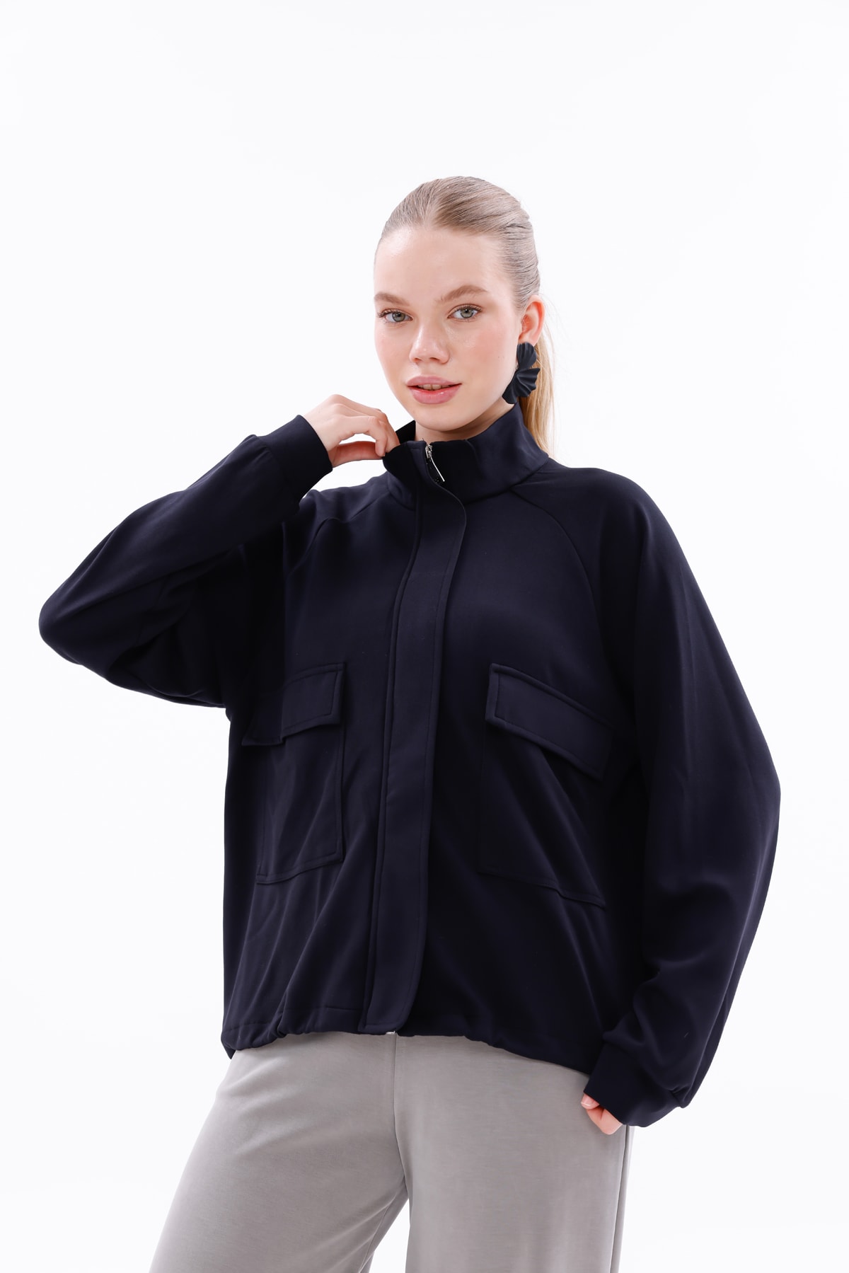 Lacivert Modal Kumaş Çift Çepli Sweatshirt