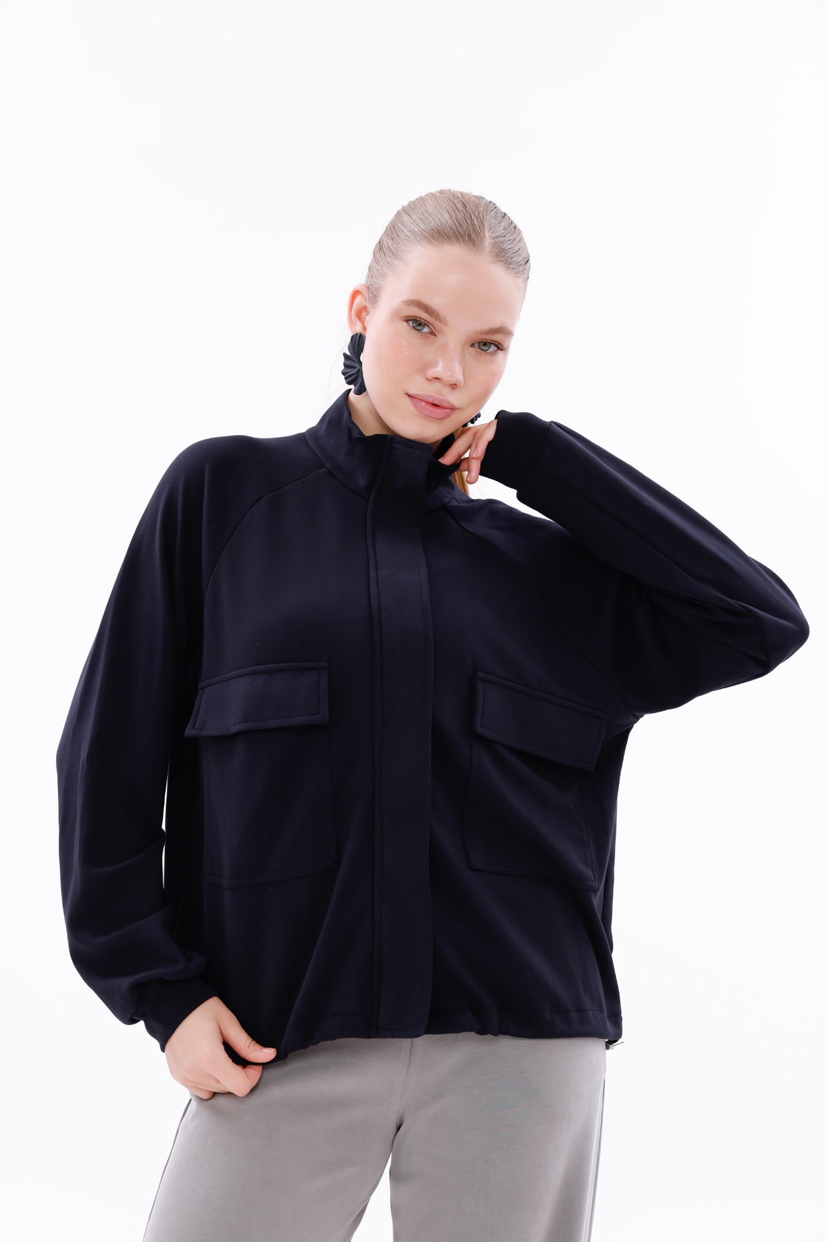 Lacivert Modal Kumaş Çift Çepli Sweatshirt