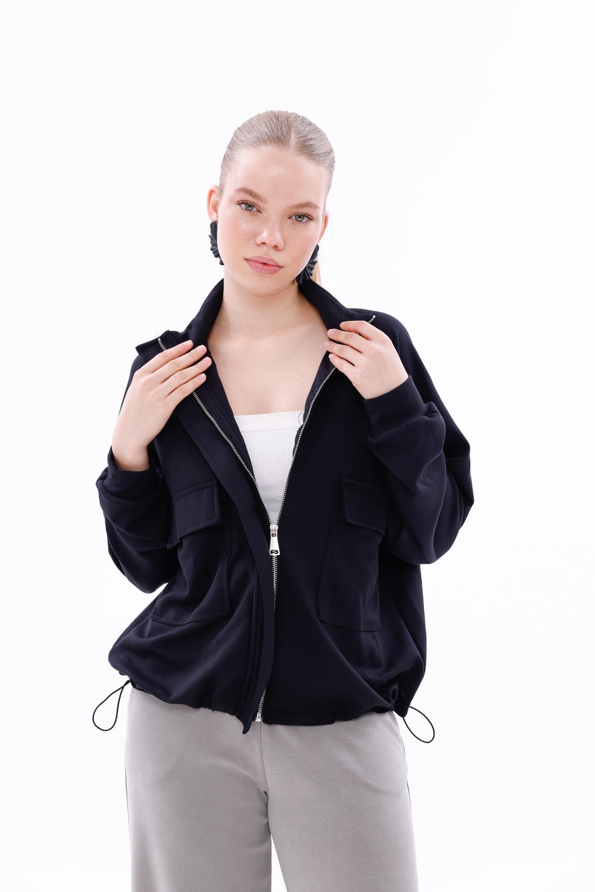Lacivert Modal Kumaş Çift Çepli Sweatshirt