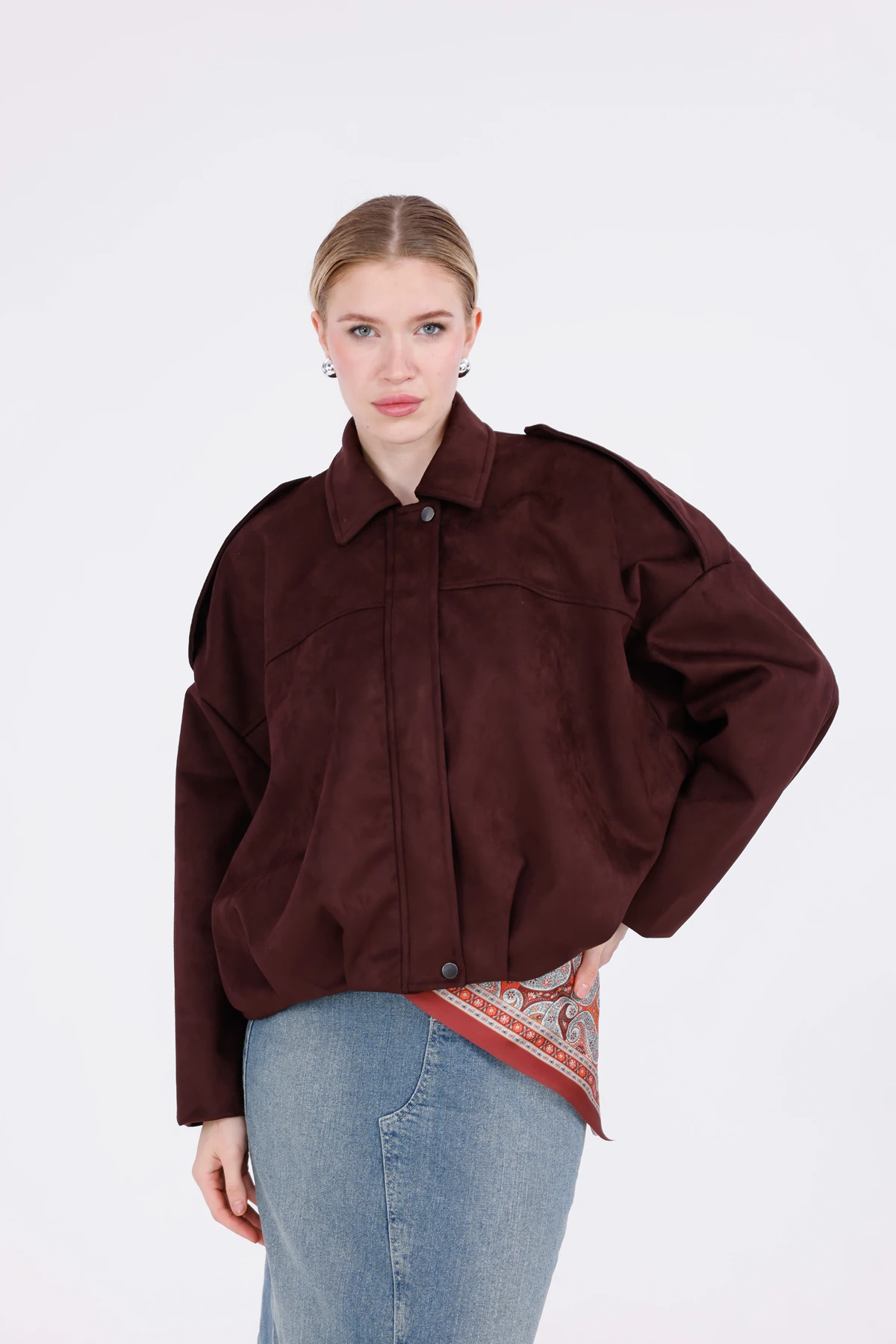 Oversize Süet Bomber Ceket - Kahverengi