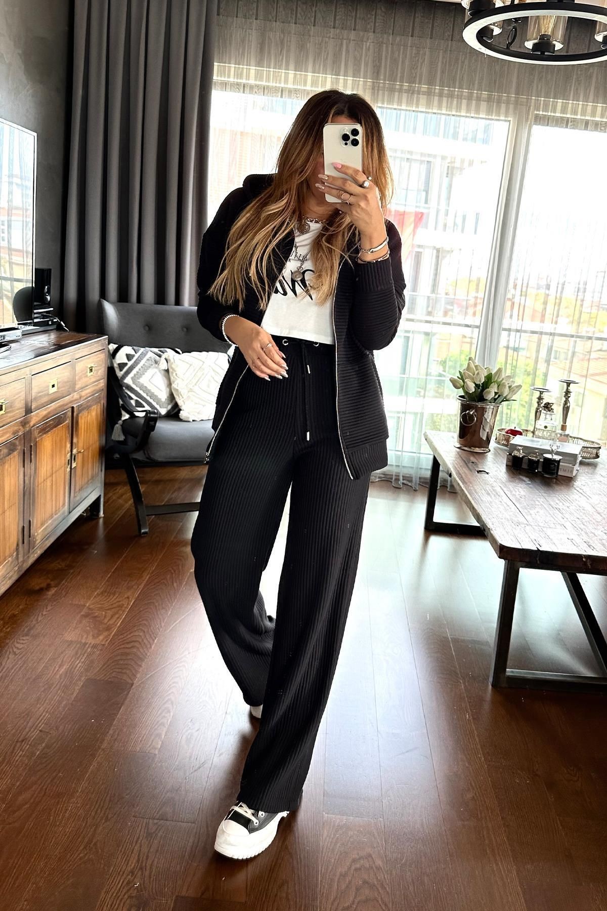 Akordion Dolum Sweat Kumaş Takım Siyah