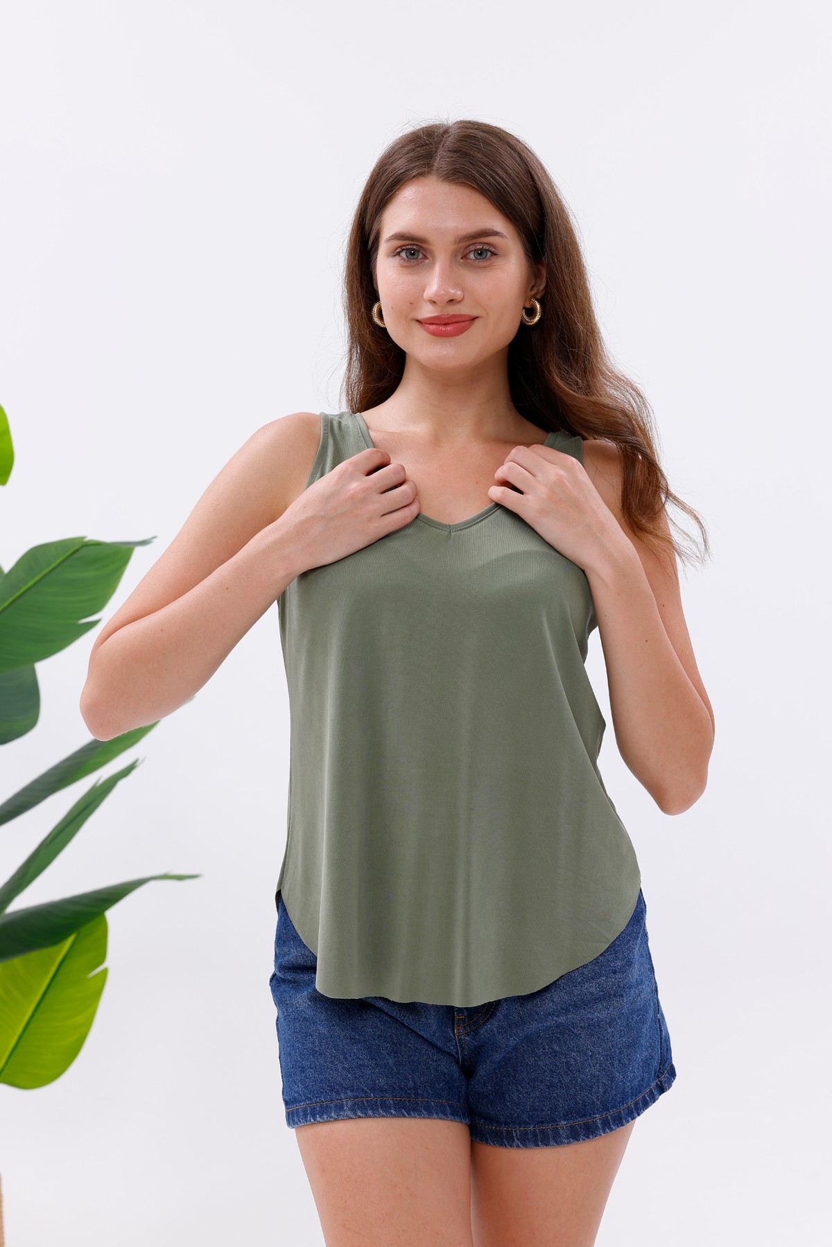 Likralı Modal Kumaş V Yaka Atlet  - Mint Yeşil