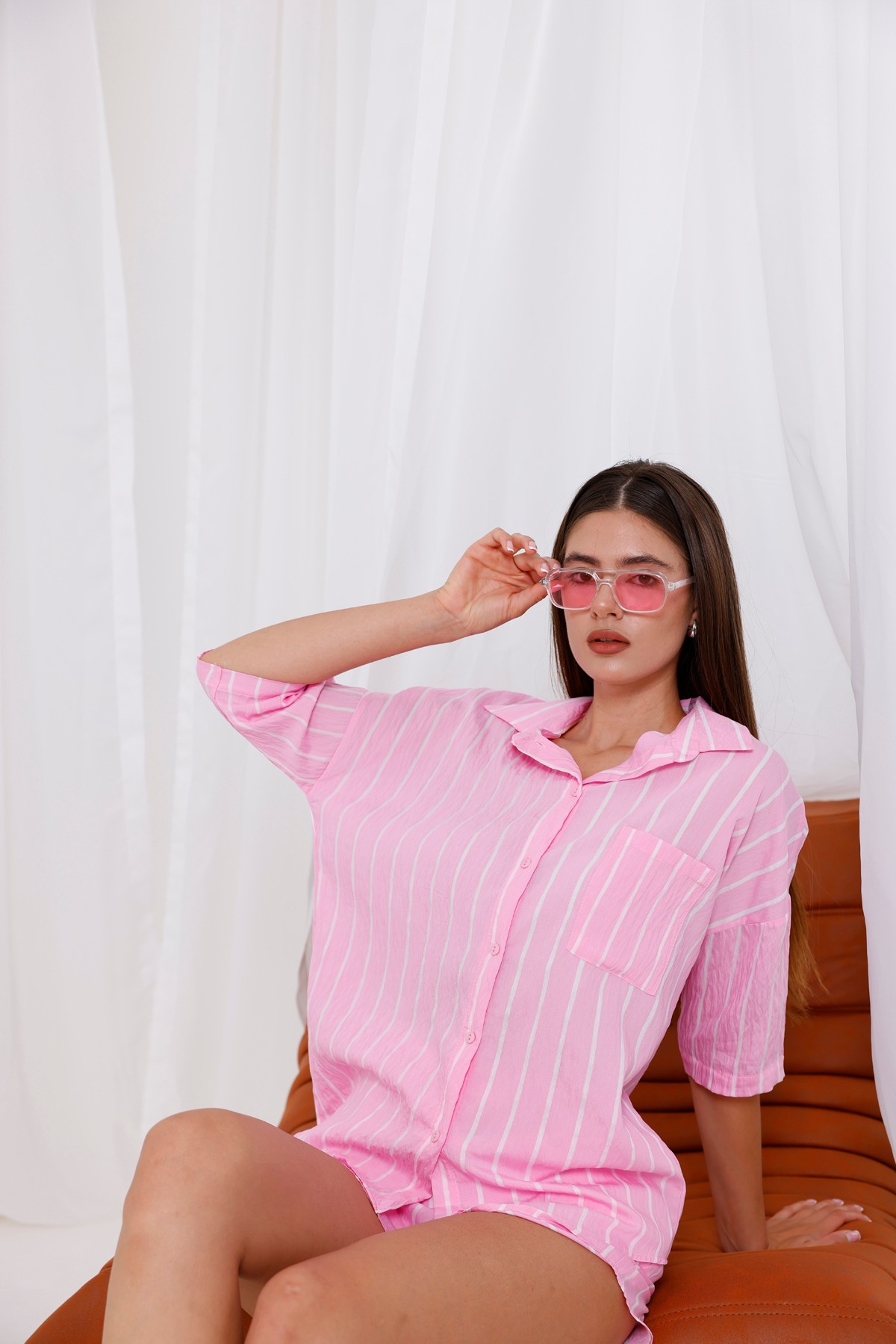 Pembe Çizgili Yazlık Şortlu Takım