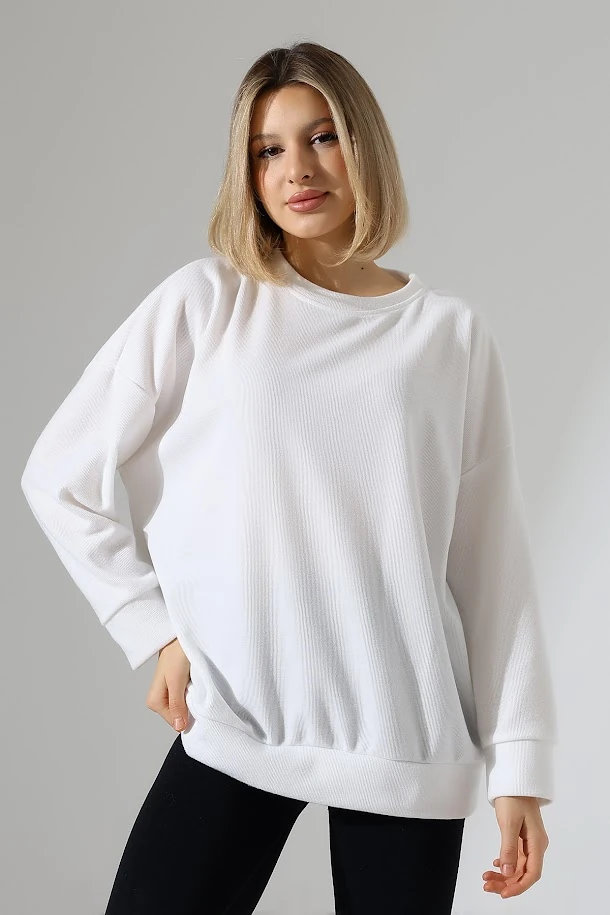 Kadın Beyaz Waffle Kumaş Oversize Sweatshirt