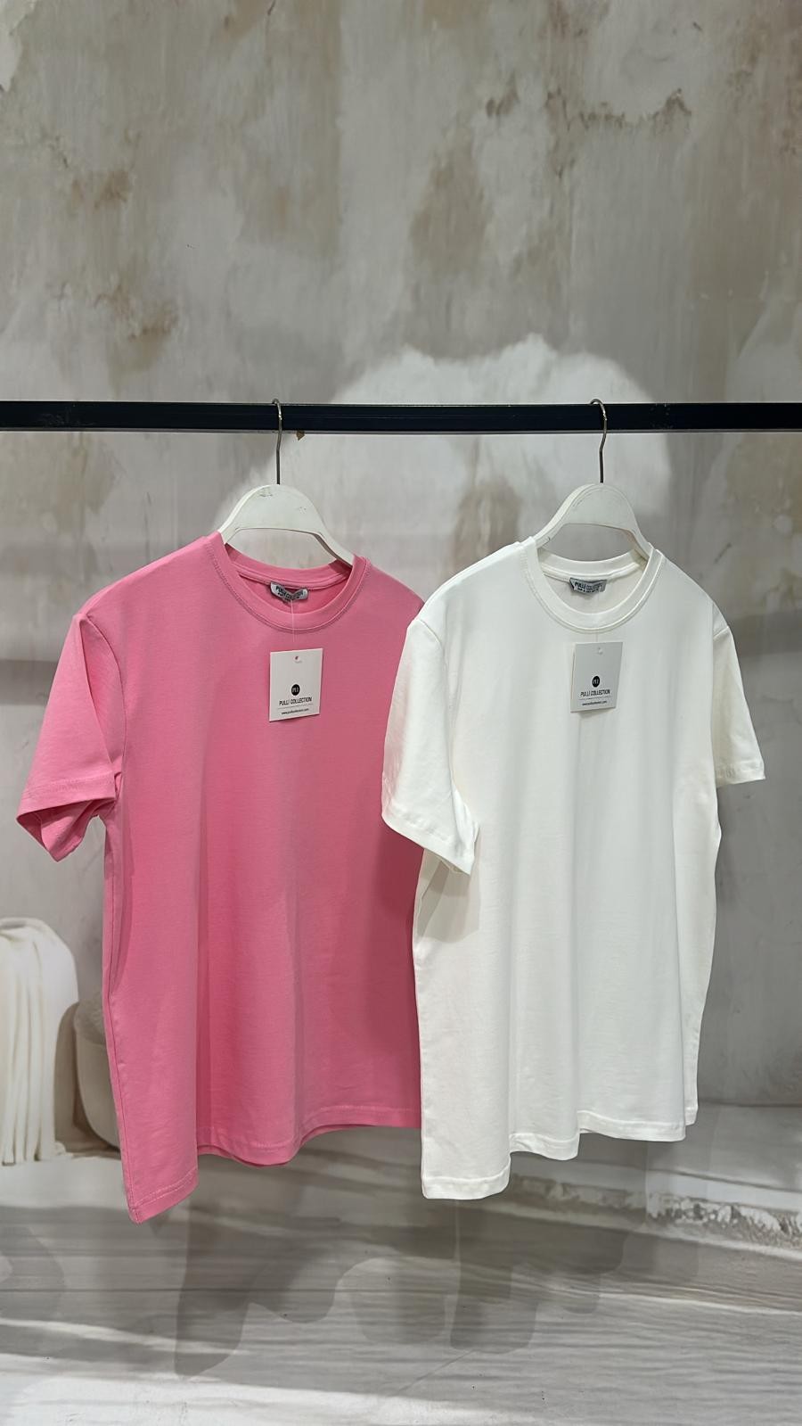 Konforlu Tam Kalıp Pembe & Ekru Basic Tişört İkili