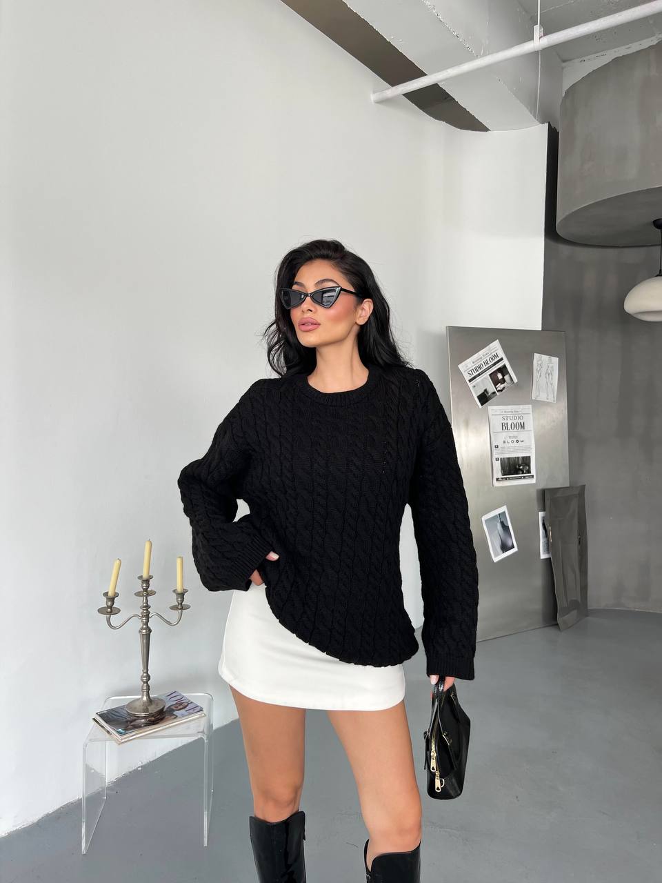 Kalın Örgü Oversize Triko Kazak - Siyah