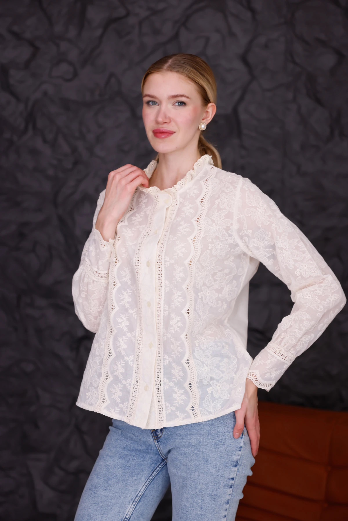 Bohem Dantelli Düğmeli Gömlek | Vintage Görünüm