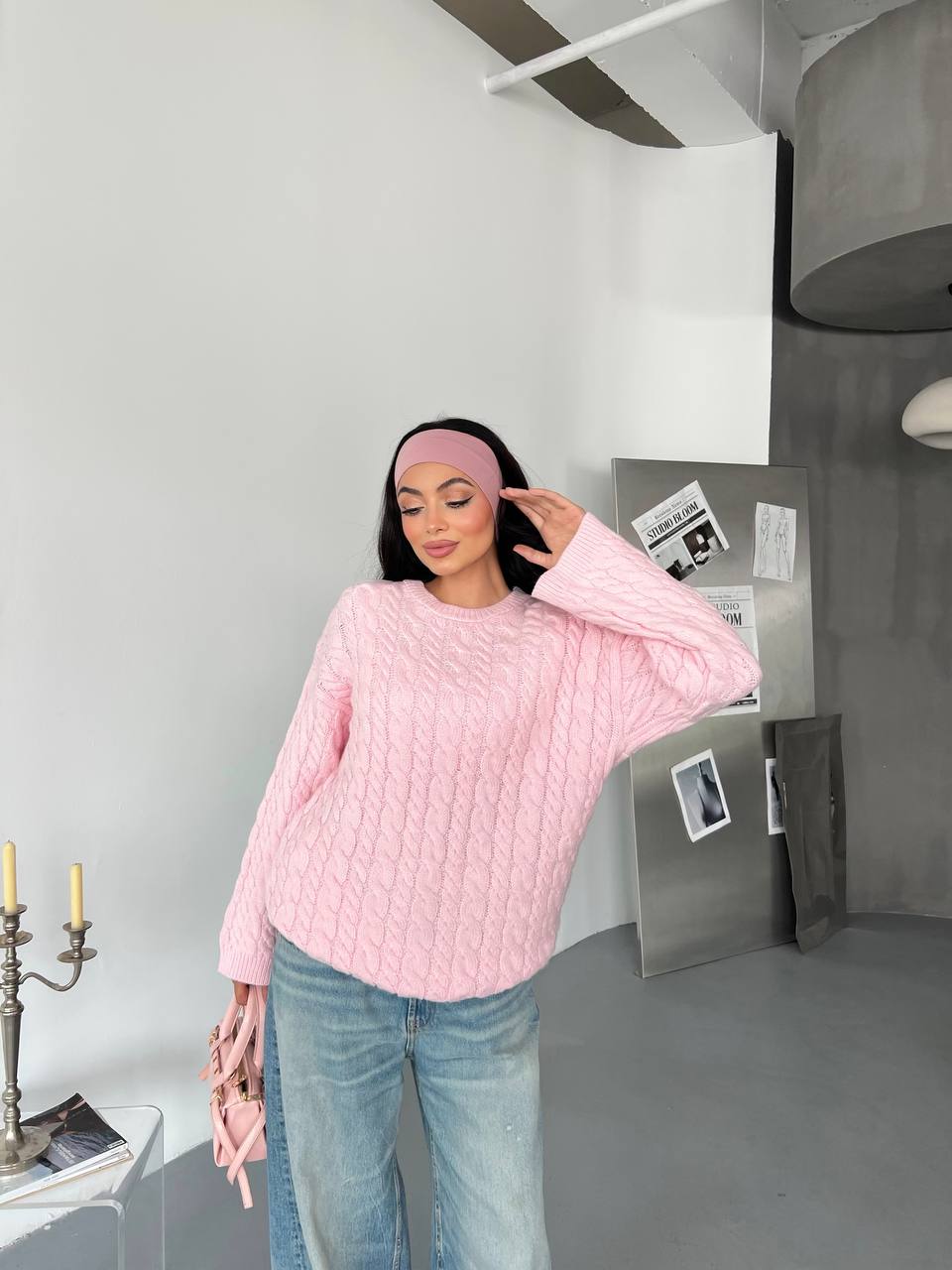 Kalın Örgü Oversize Triko Kazak - Pembe