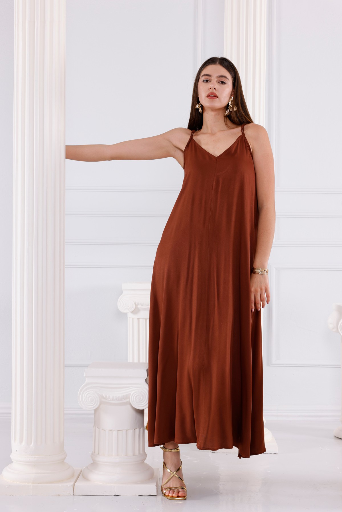 Sade Acı Kahve Viskon Maxi Elbise