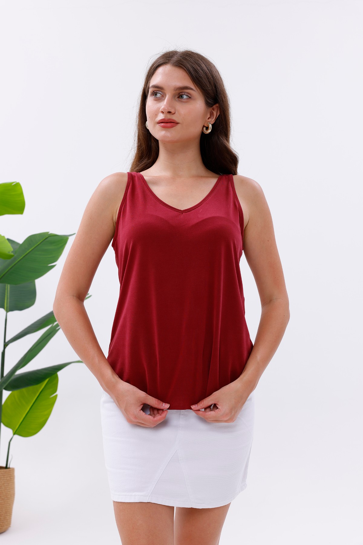 Likralı Modal Kumaş V Yaka Atlet  - Bordo