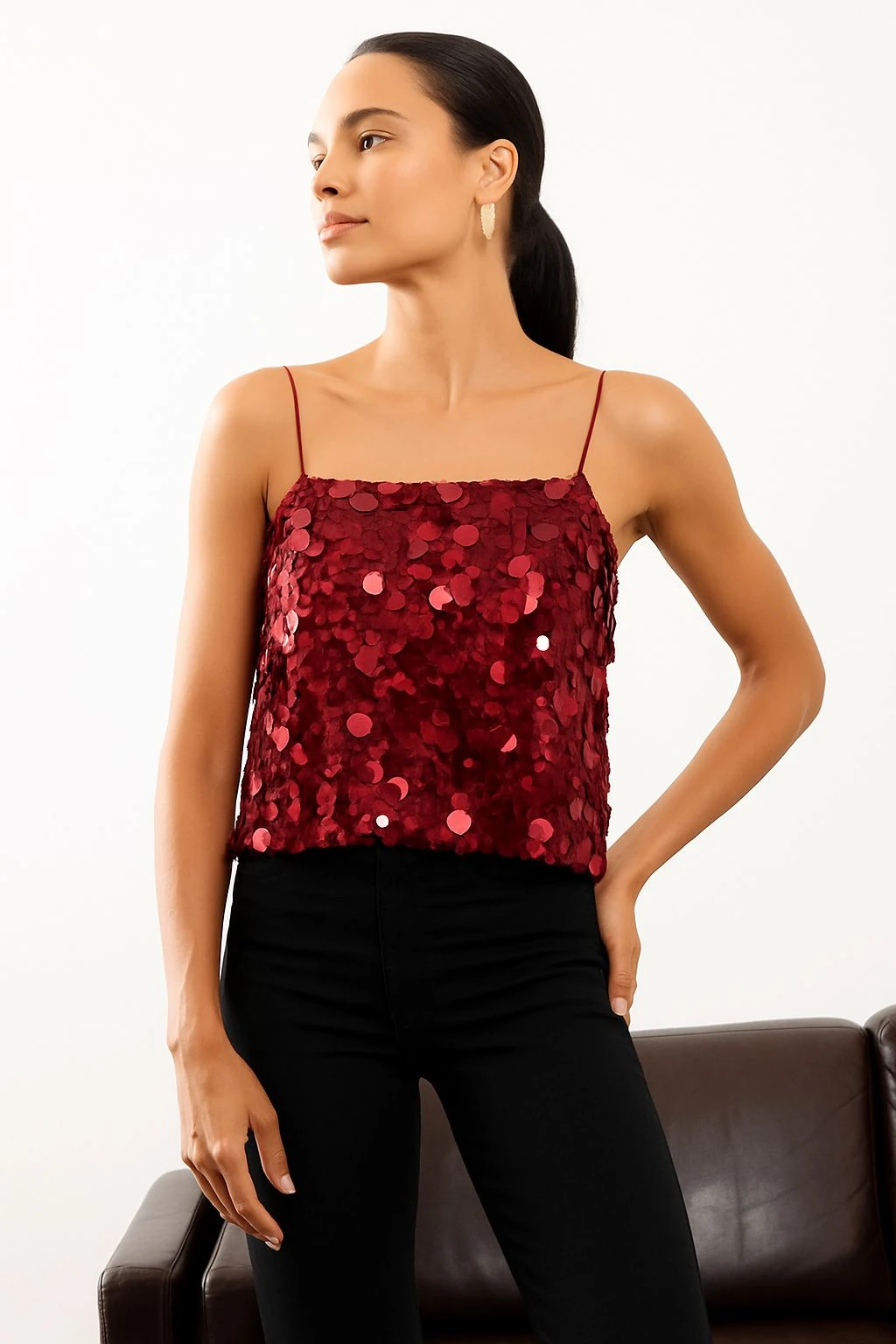 Kadın Askılı Pullu Bluz - Bordo