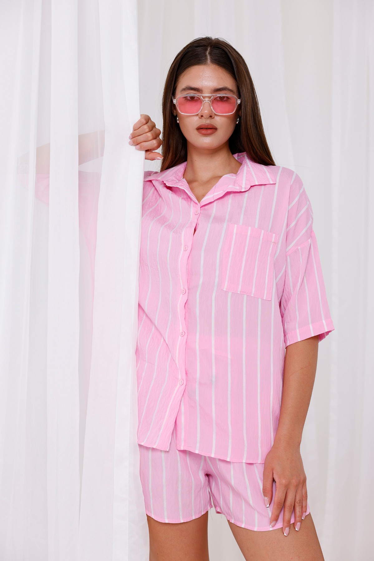 Pembe Çizgili Yazlık Şortlu Takım