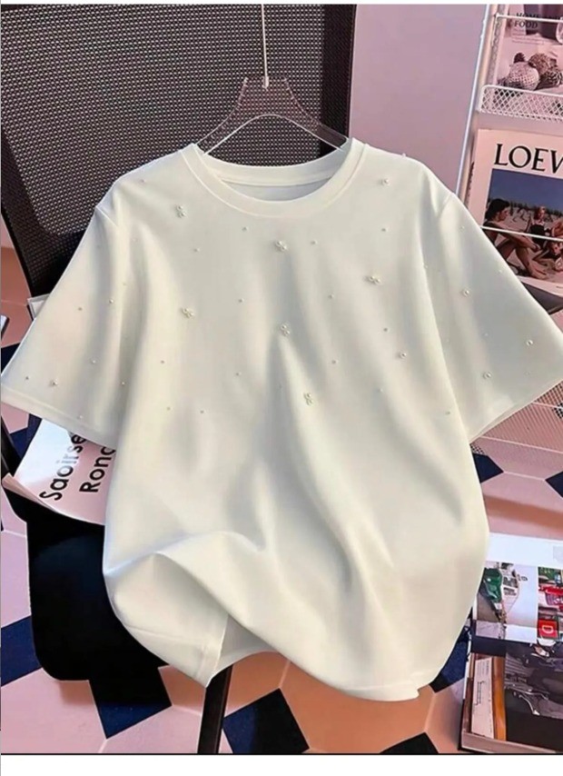 Kadın Beyaz İnci Detaylı Basic Bisiklet Yaka T-shirt