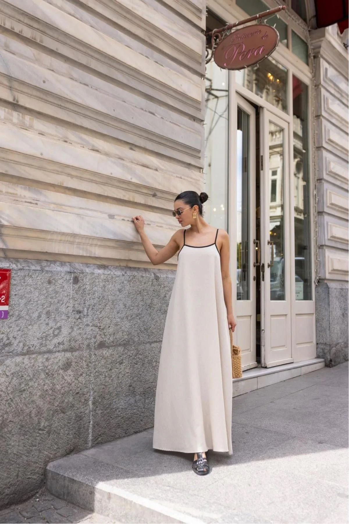 Taş İnce Askılı Keten Elbise