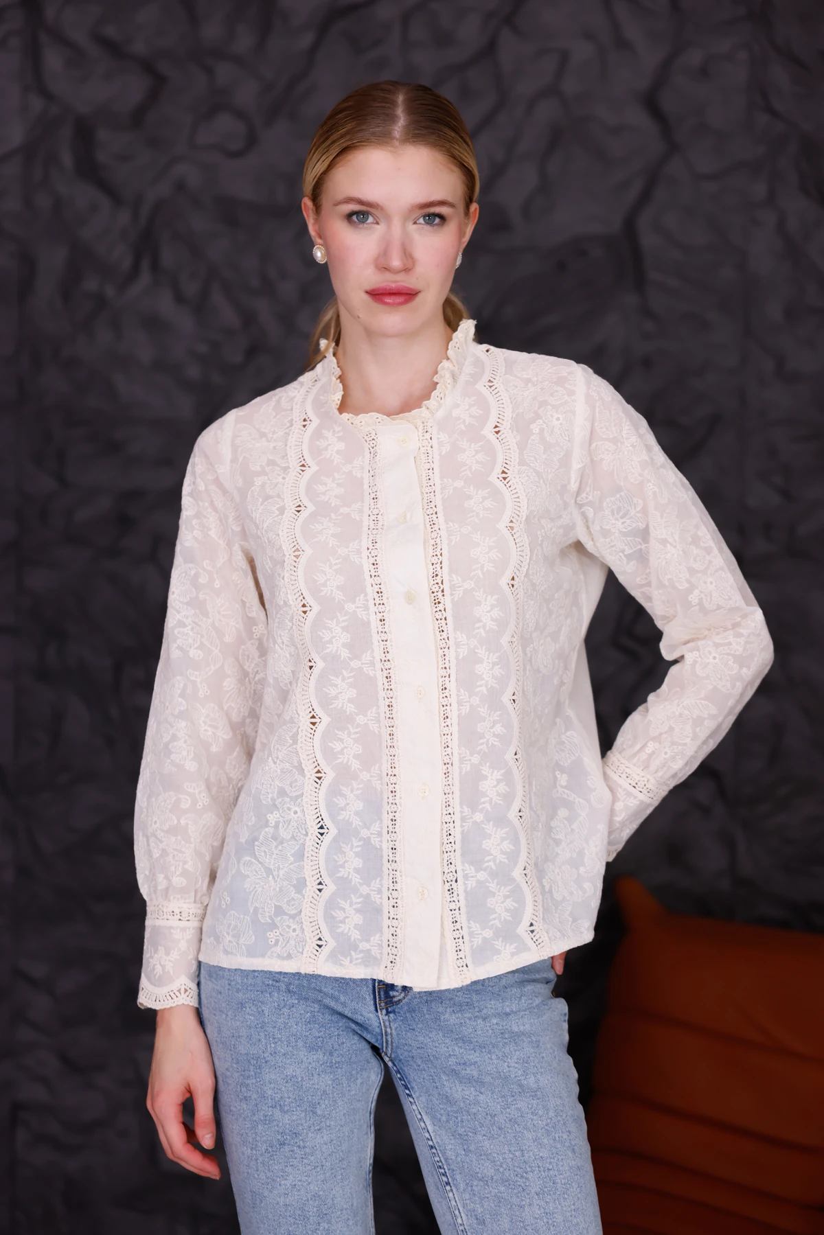 Bohem Dantelli Düğmeli Gömlek | Vintage Görünüm