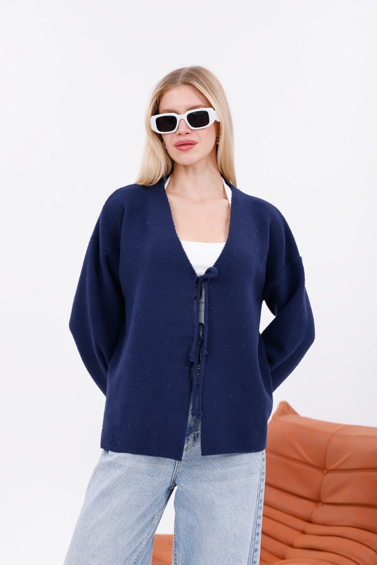 Bağlama Detaylı Dokulu Triko Hırka - Lacivert