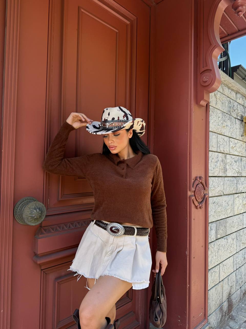 Soft Dokulu Polo Yaka Triko Kazak - Kahverengi